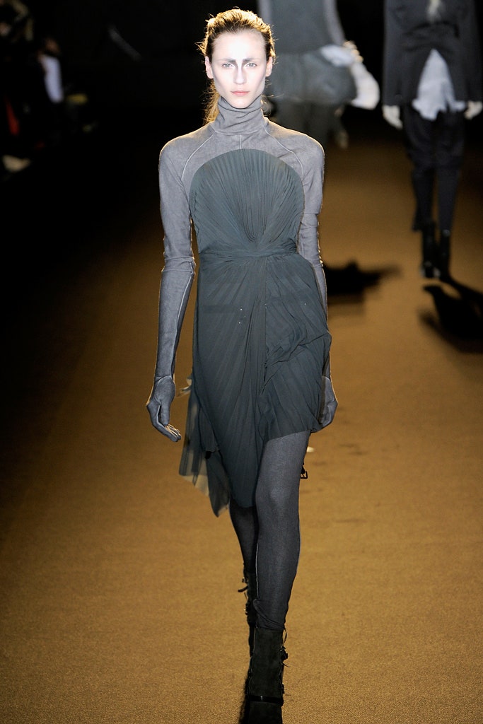 gray silk sleeveless high-neck fitted pleated draped dress