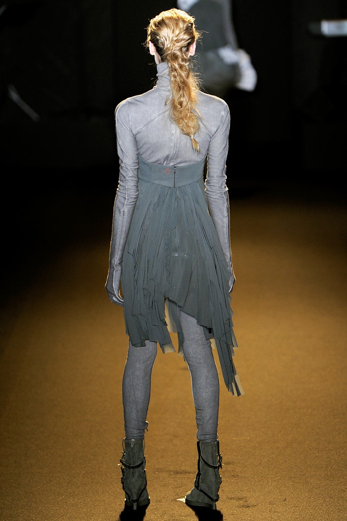 gray silk sleeveless high-neck fitted layered flowing dress