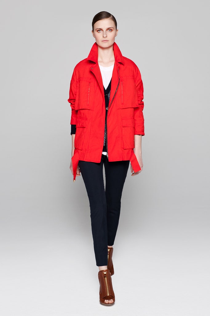 red relaxed jacket with black pants