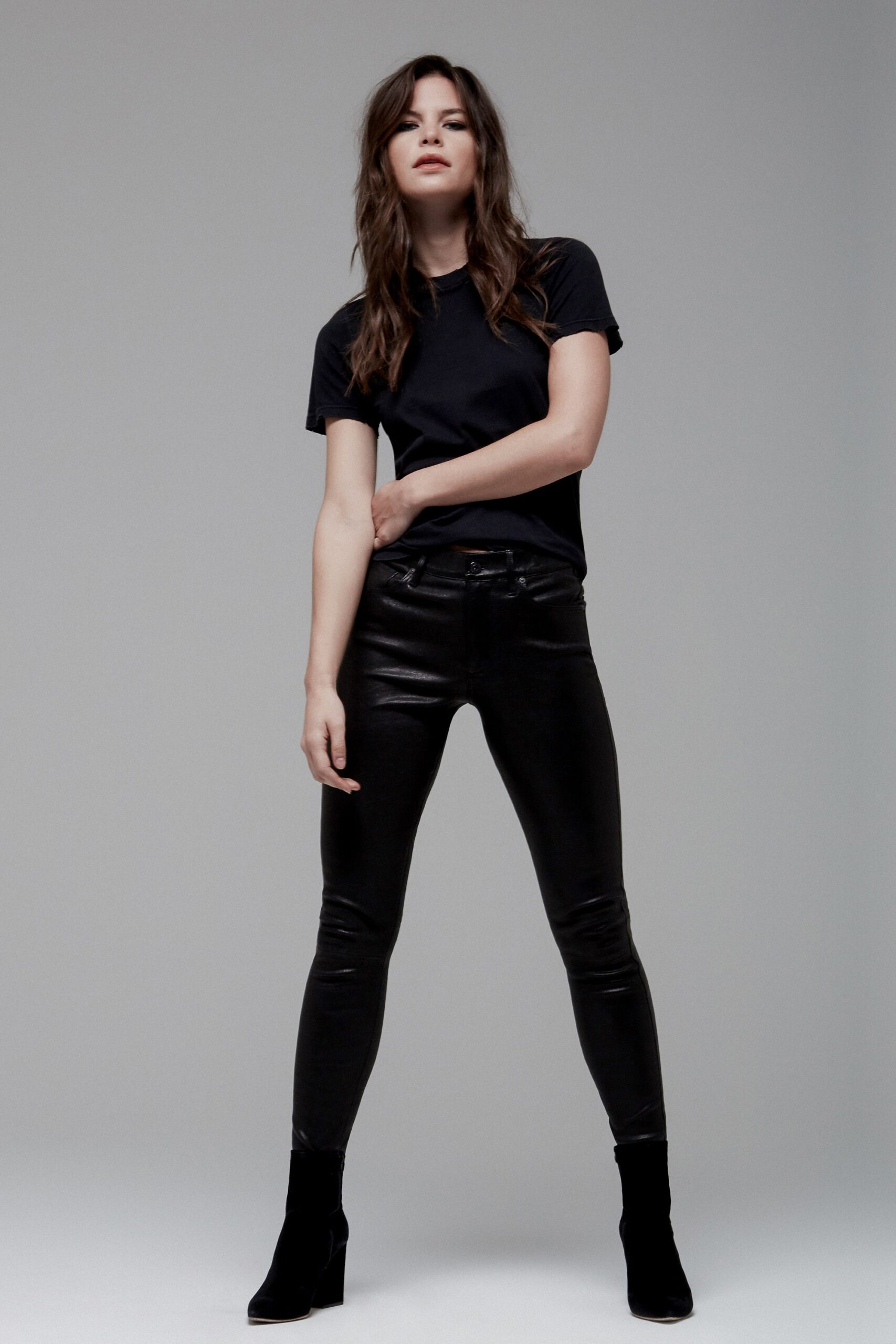 black fitted t-shirt and leather pants