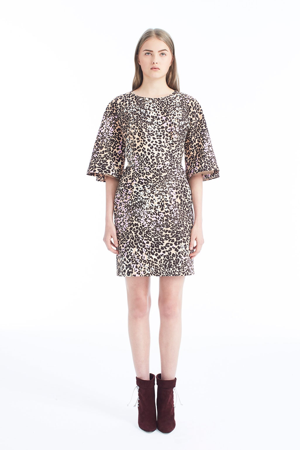 beige brown animal-print mini dress with maroon boots
