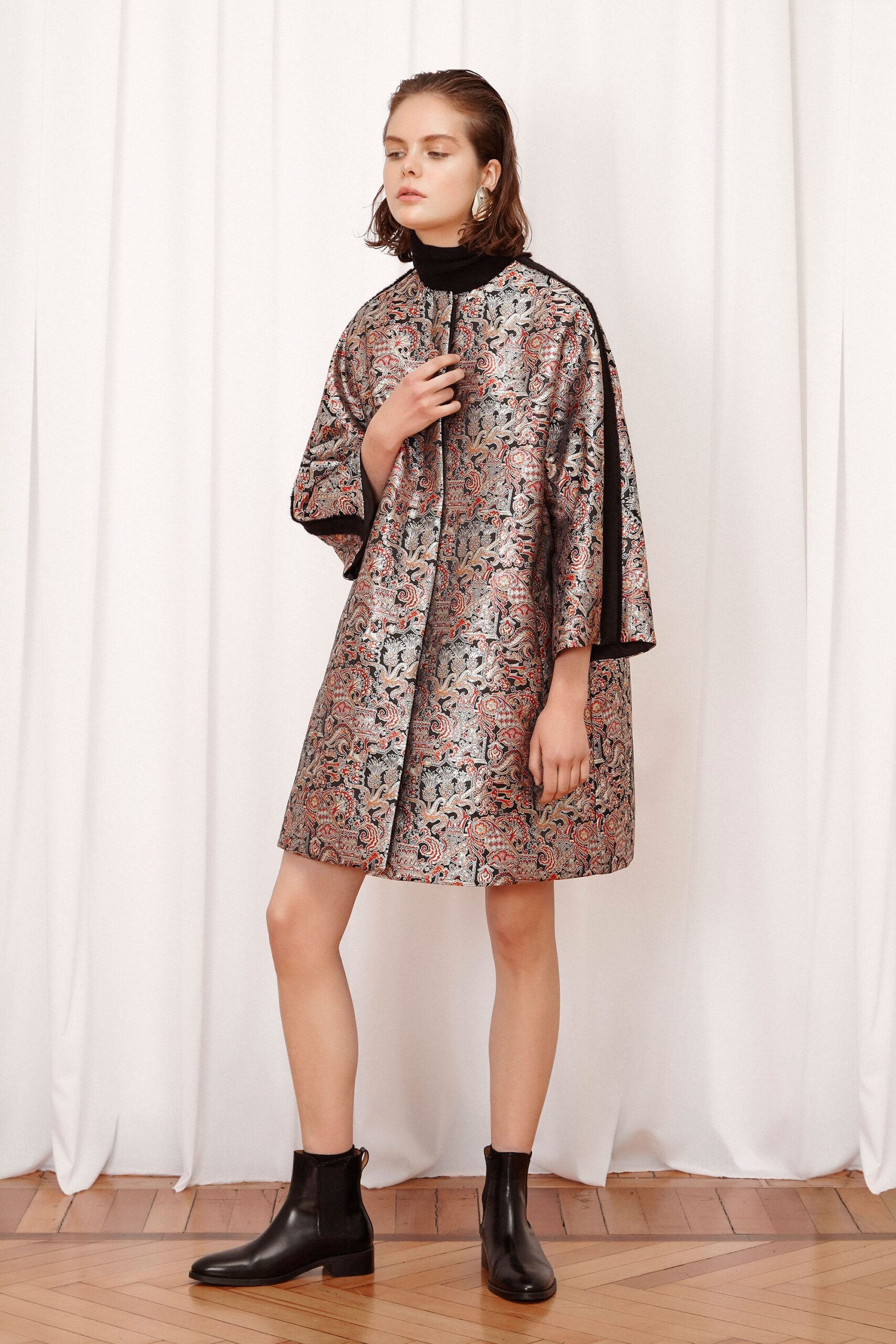 multi silk sleeveless high-neck relaxed flared short dress