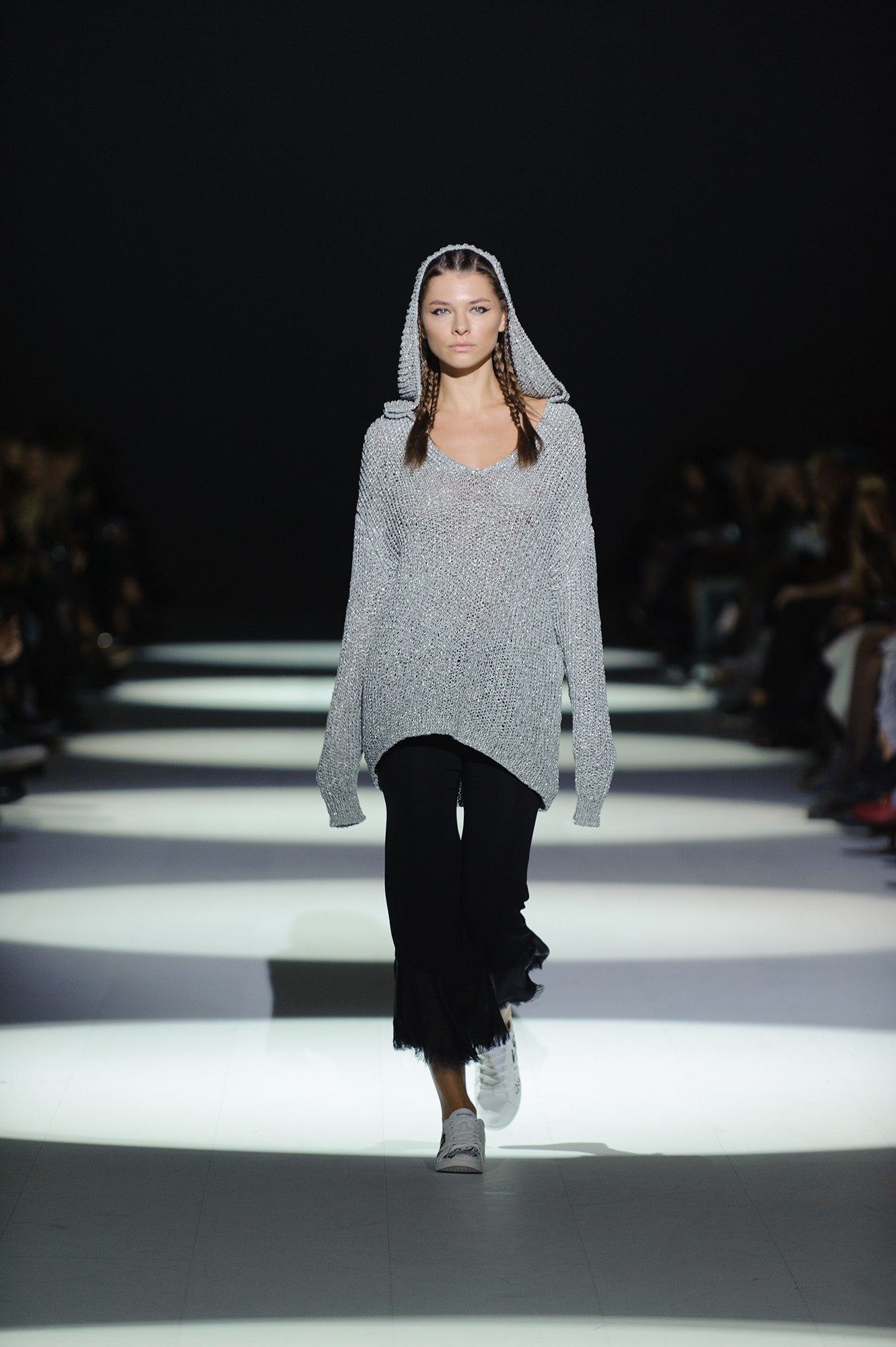 gray oversized hoodie with black flared pants