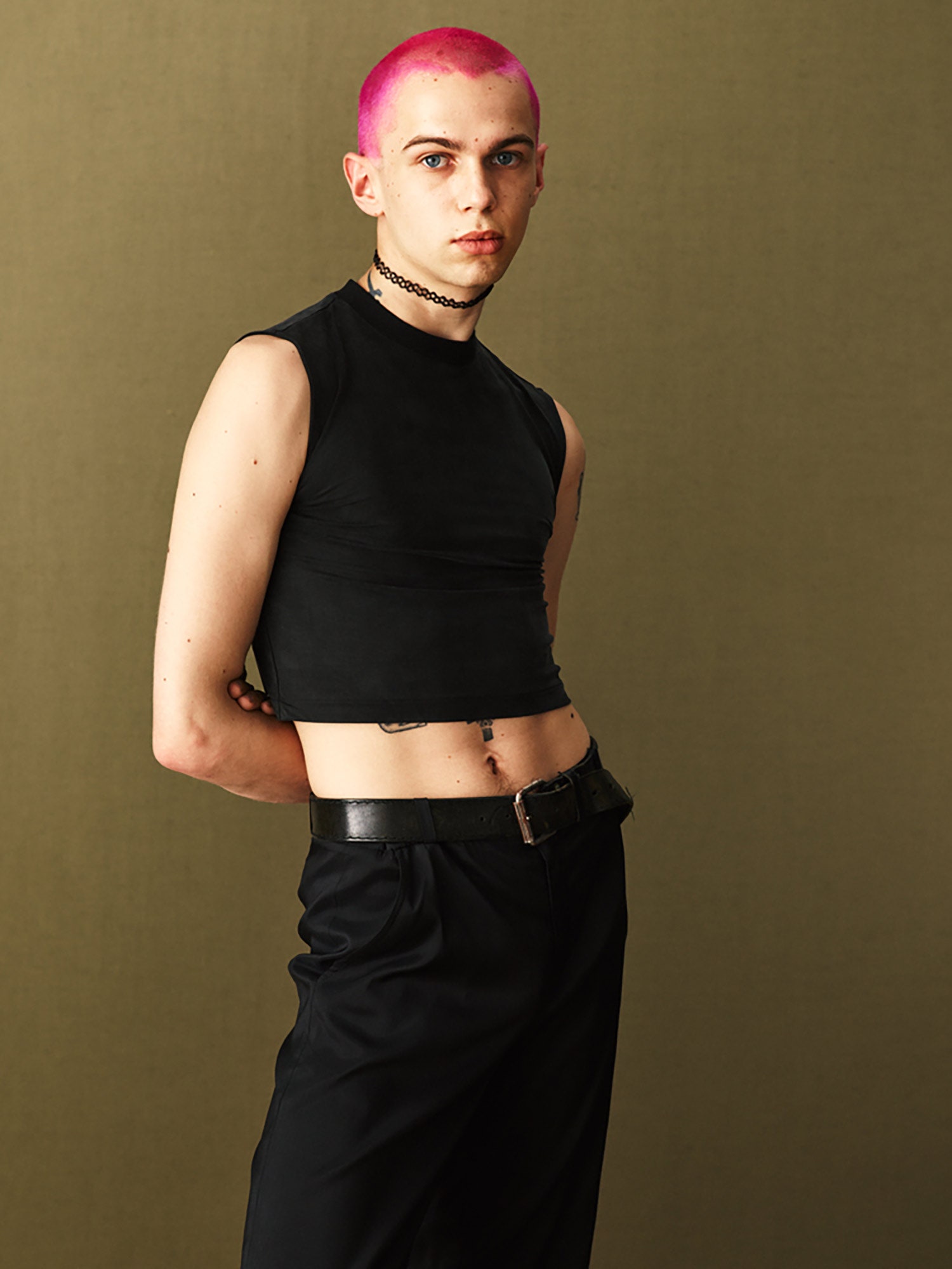 black crop-top and relaxed pants