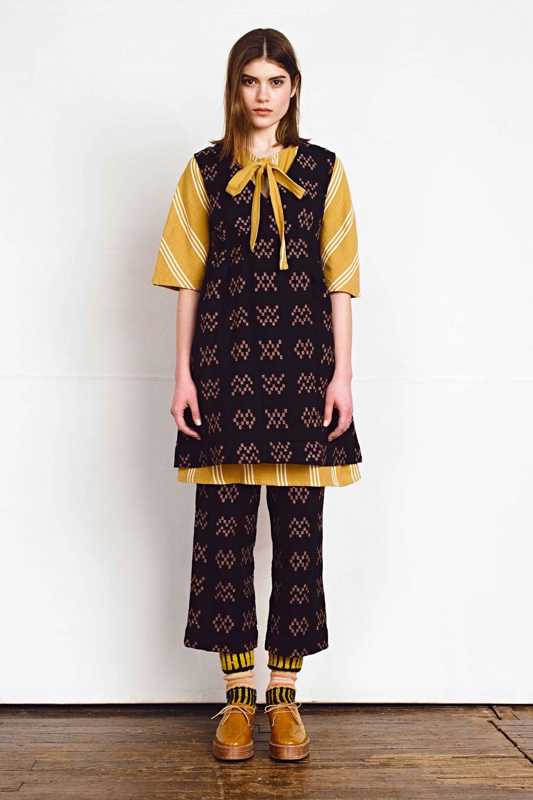 black and yellow printed dress with pants