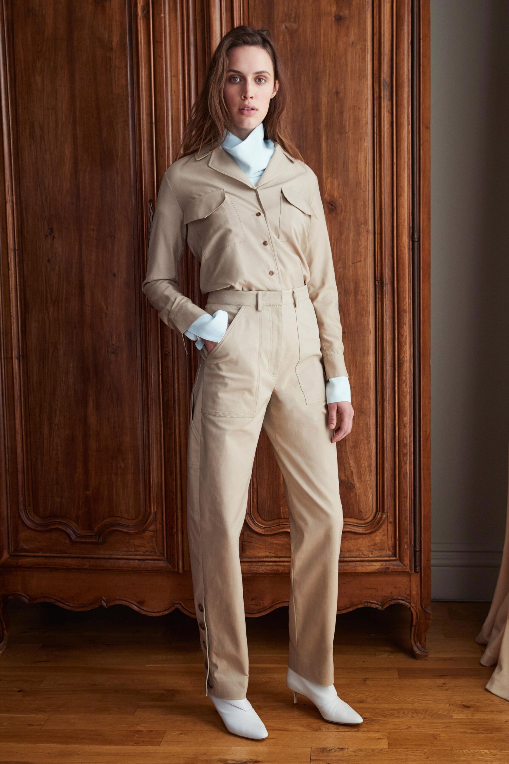 beige cotton tailored high-waisted straight-leg pants