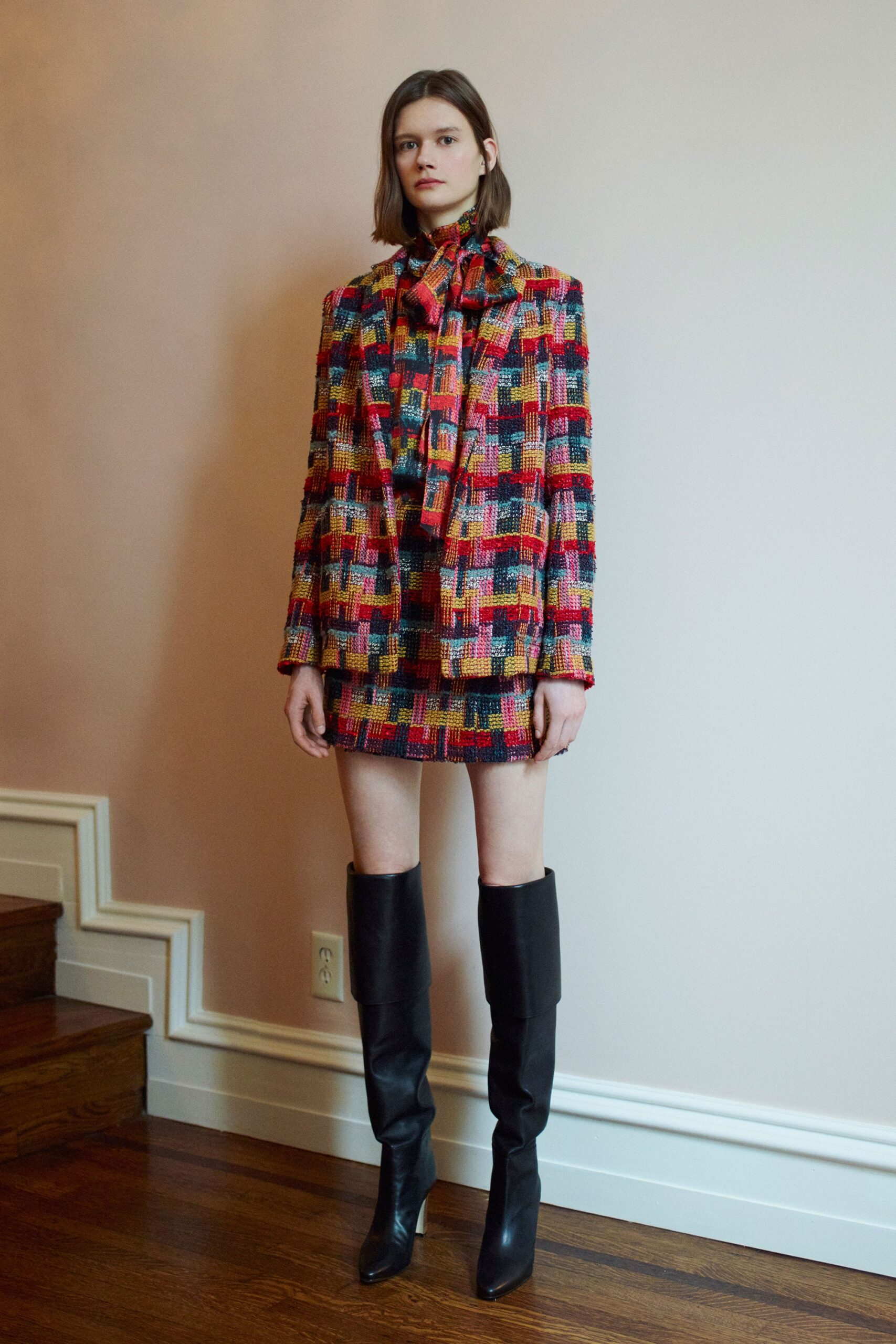 multi tweed long-sleeve collared tailored buttoned layered blazer