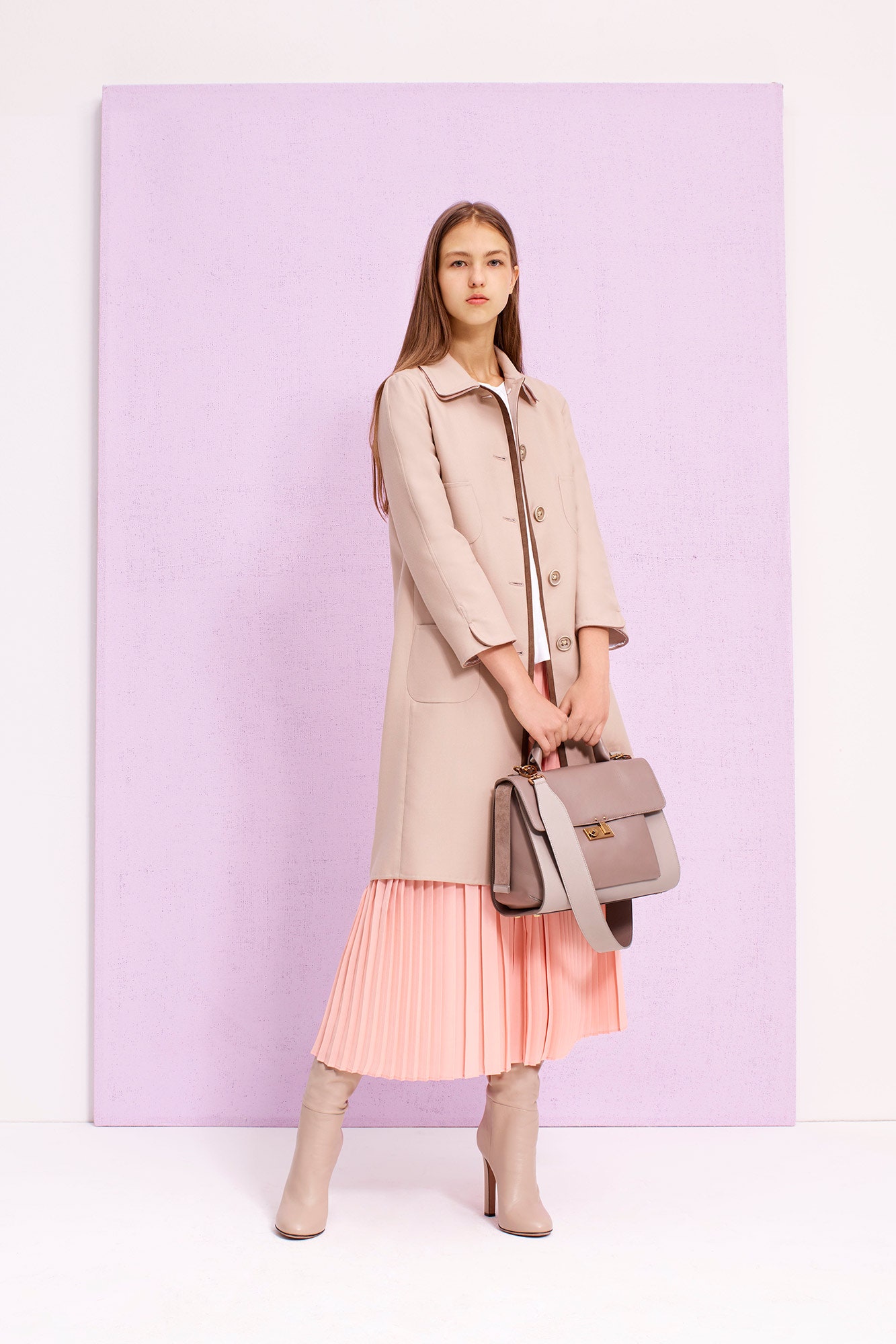 beige coat pink pleated skirt
