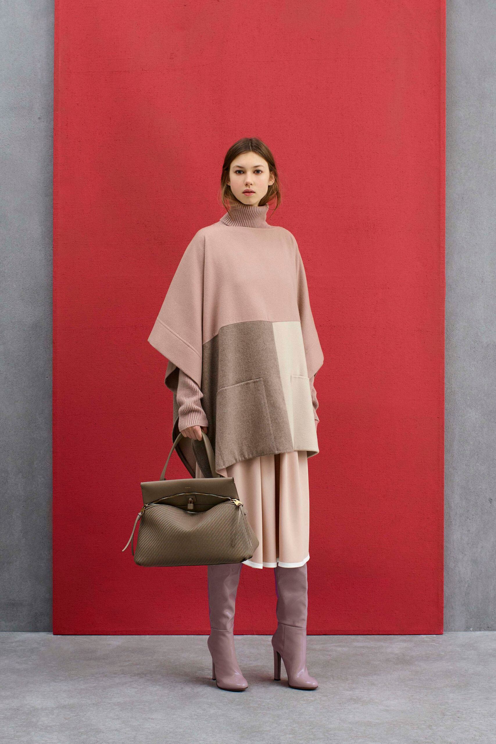 pink wool sleeveless high-neck relaxed color-blocked poncho