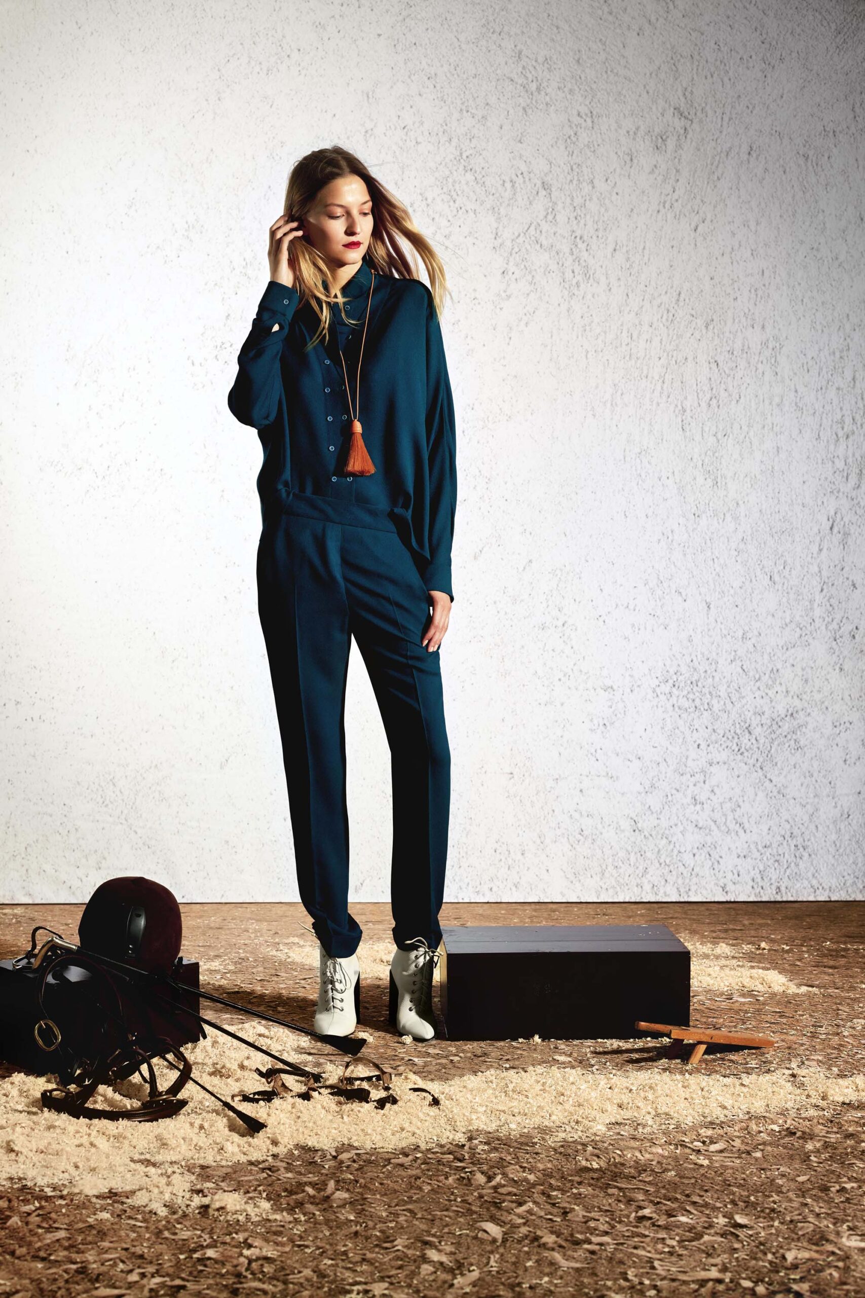 blue relaxed shirt and tailored pants