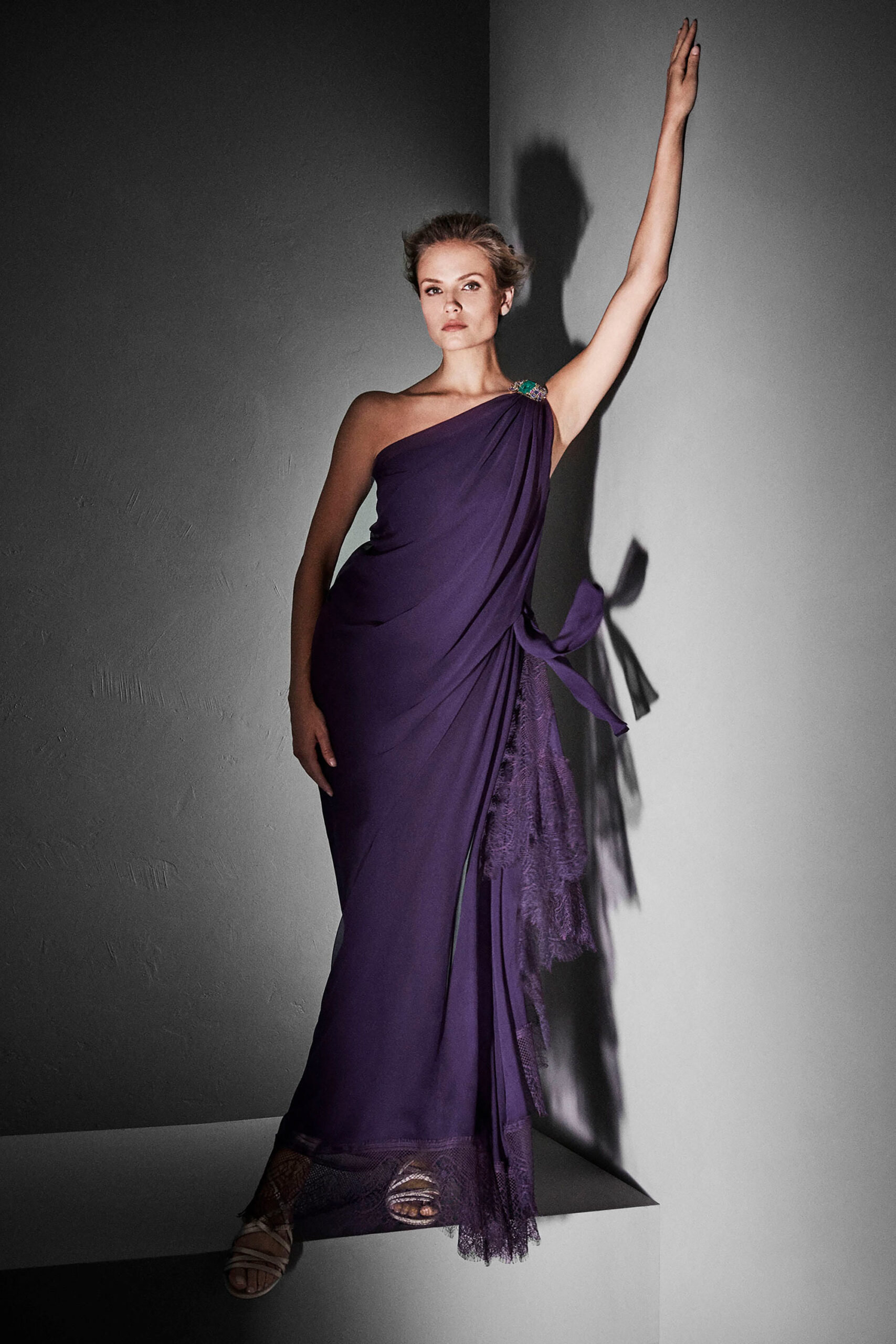 purple silk off-shoulder gown