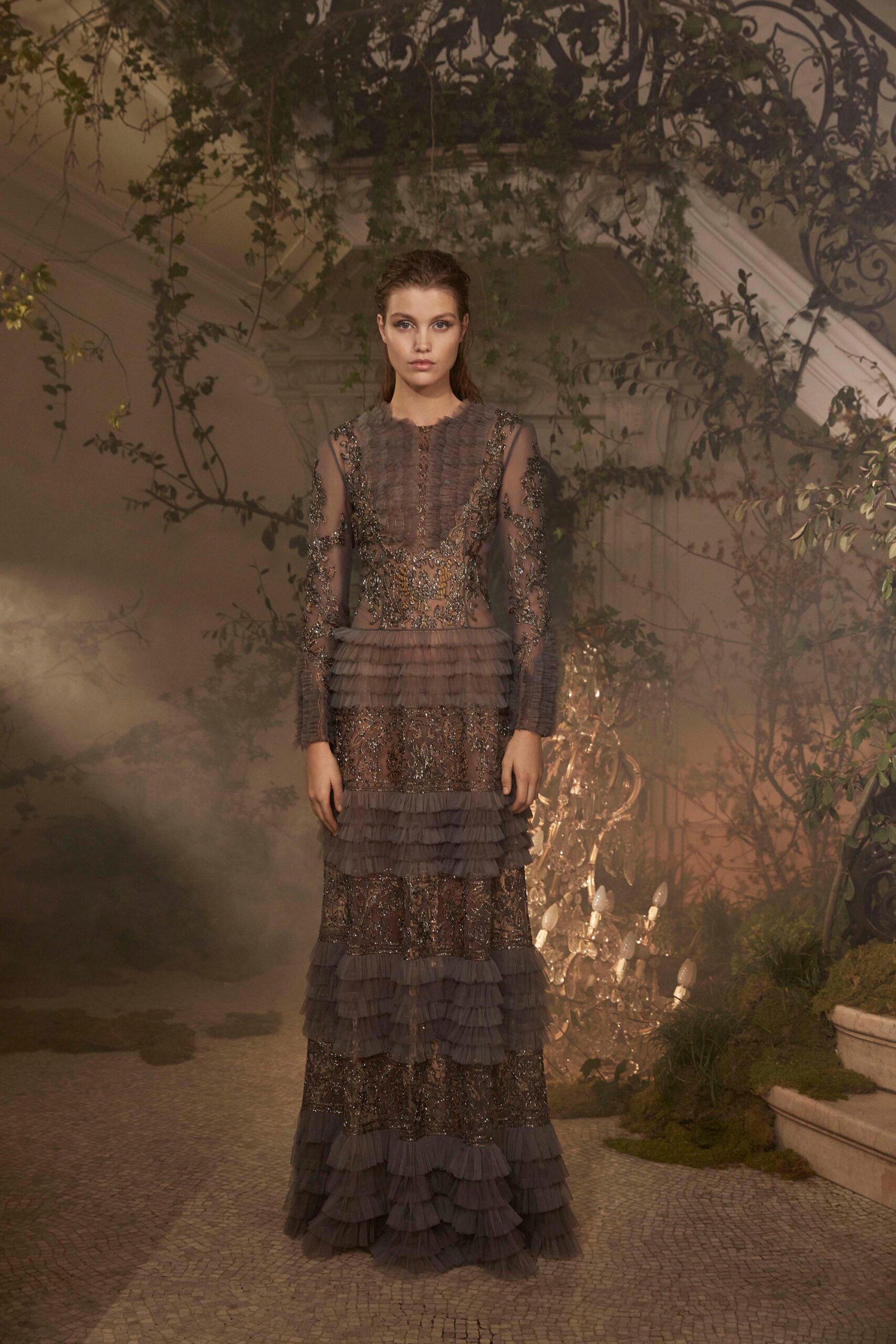 brown lace embroidered gown