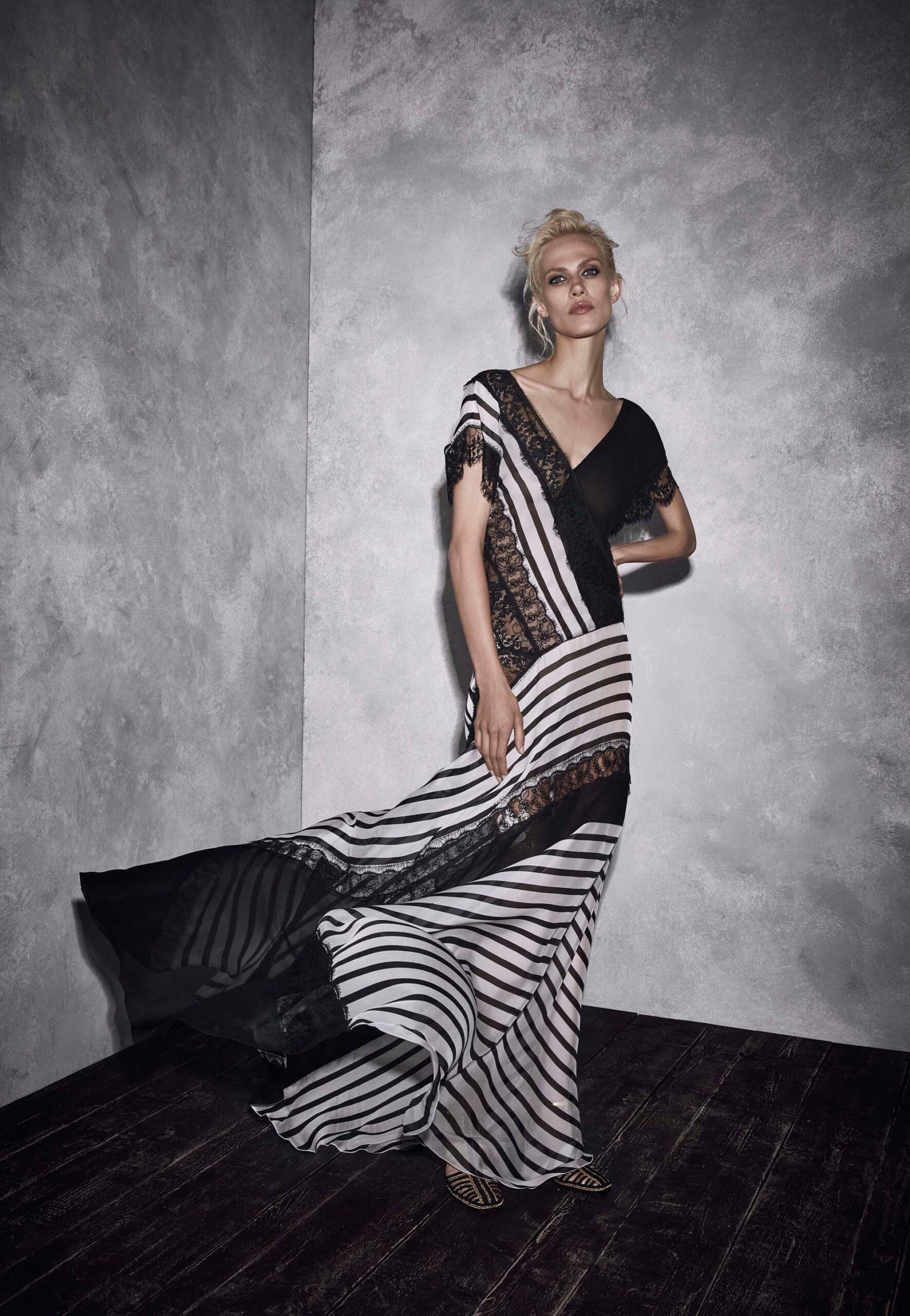 black and white striped gown