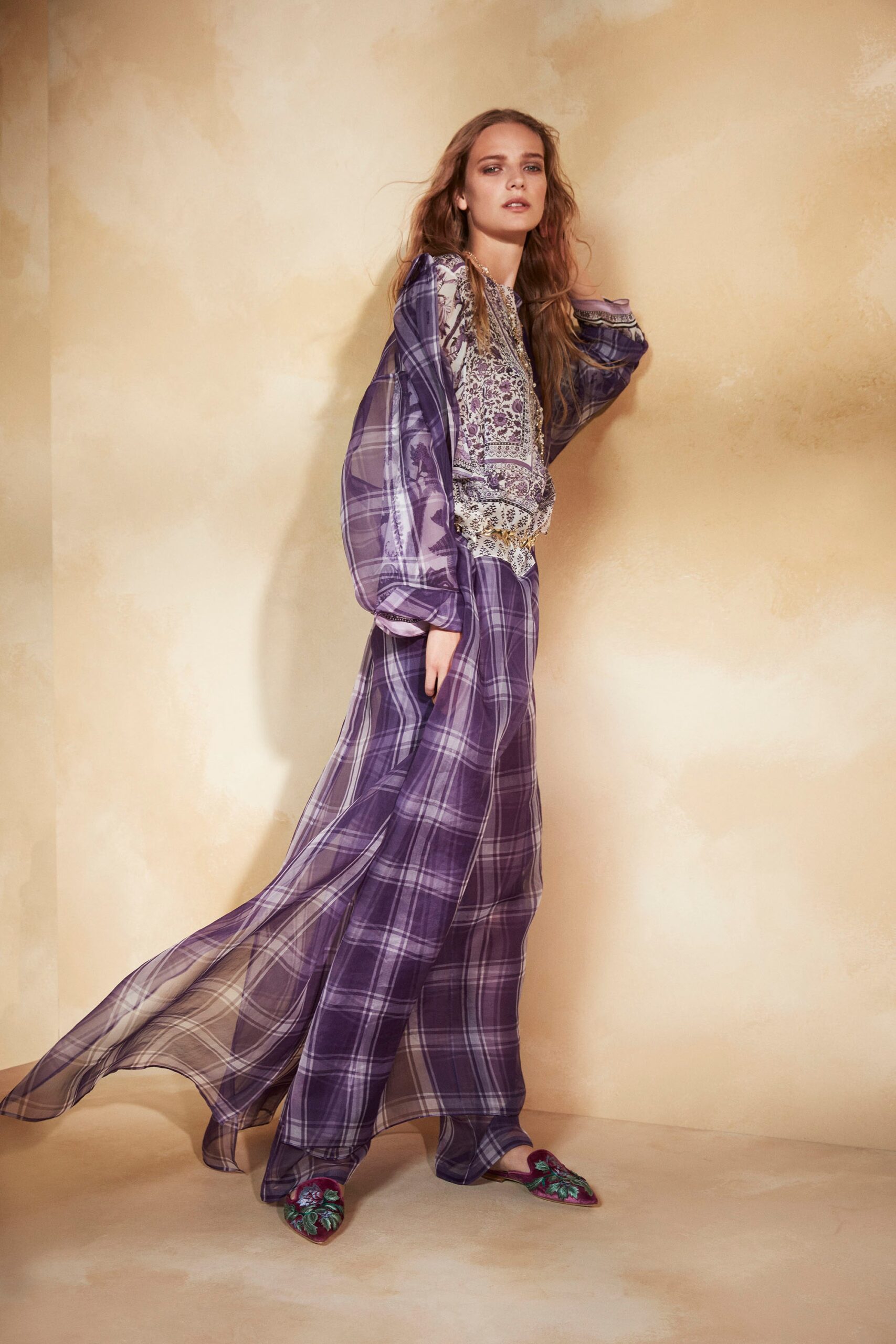 purple silk long-sleeve collared relaxed embroidered flowing top