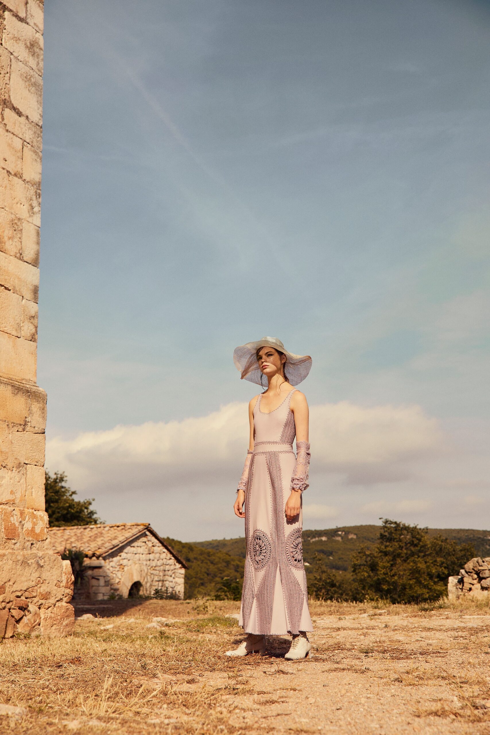 pink embroidered maxi dress with hat