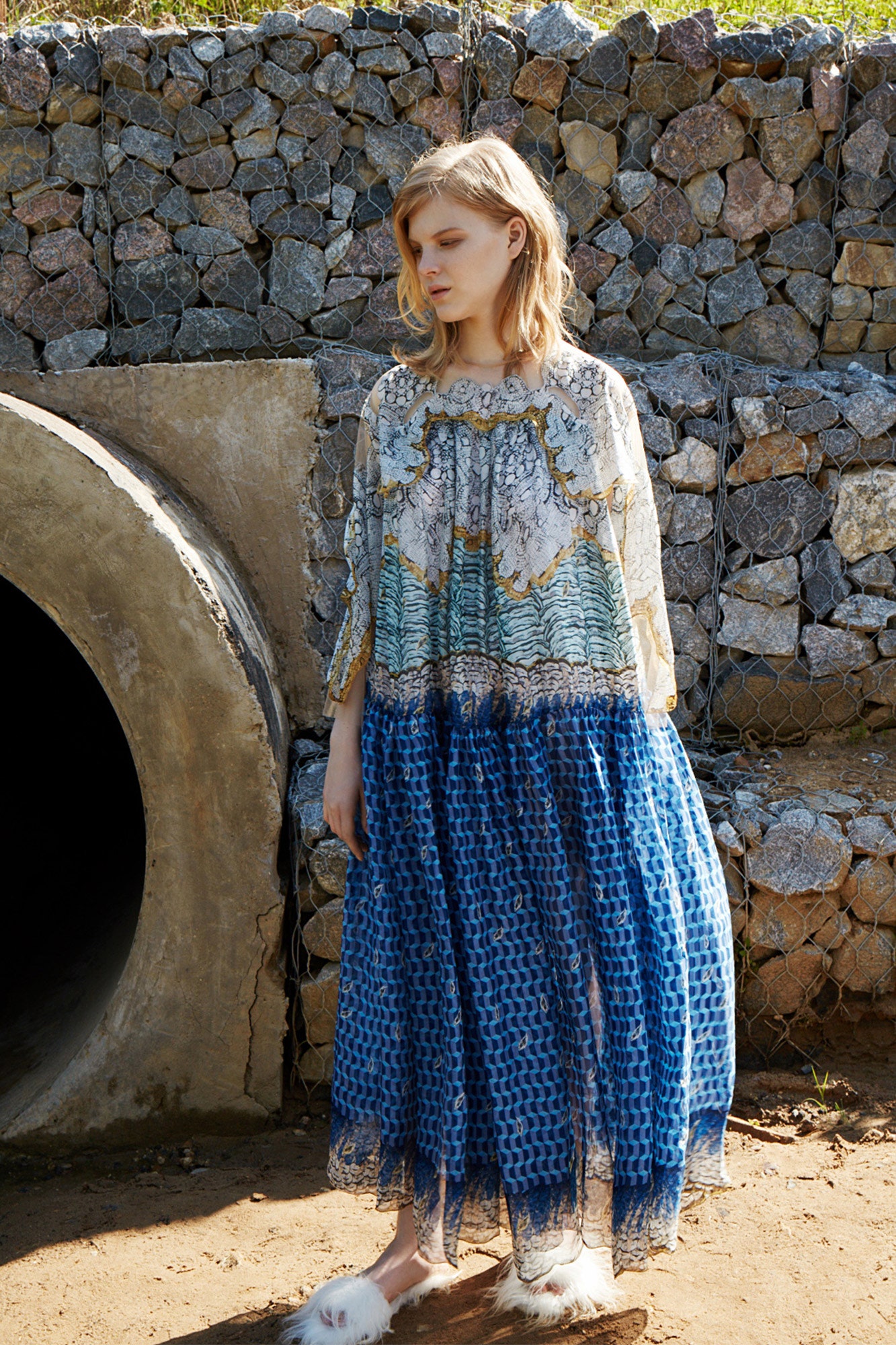 blue and white printed maxi dress