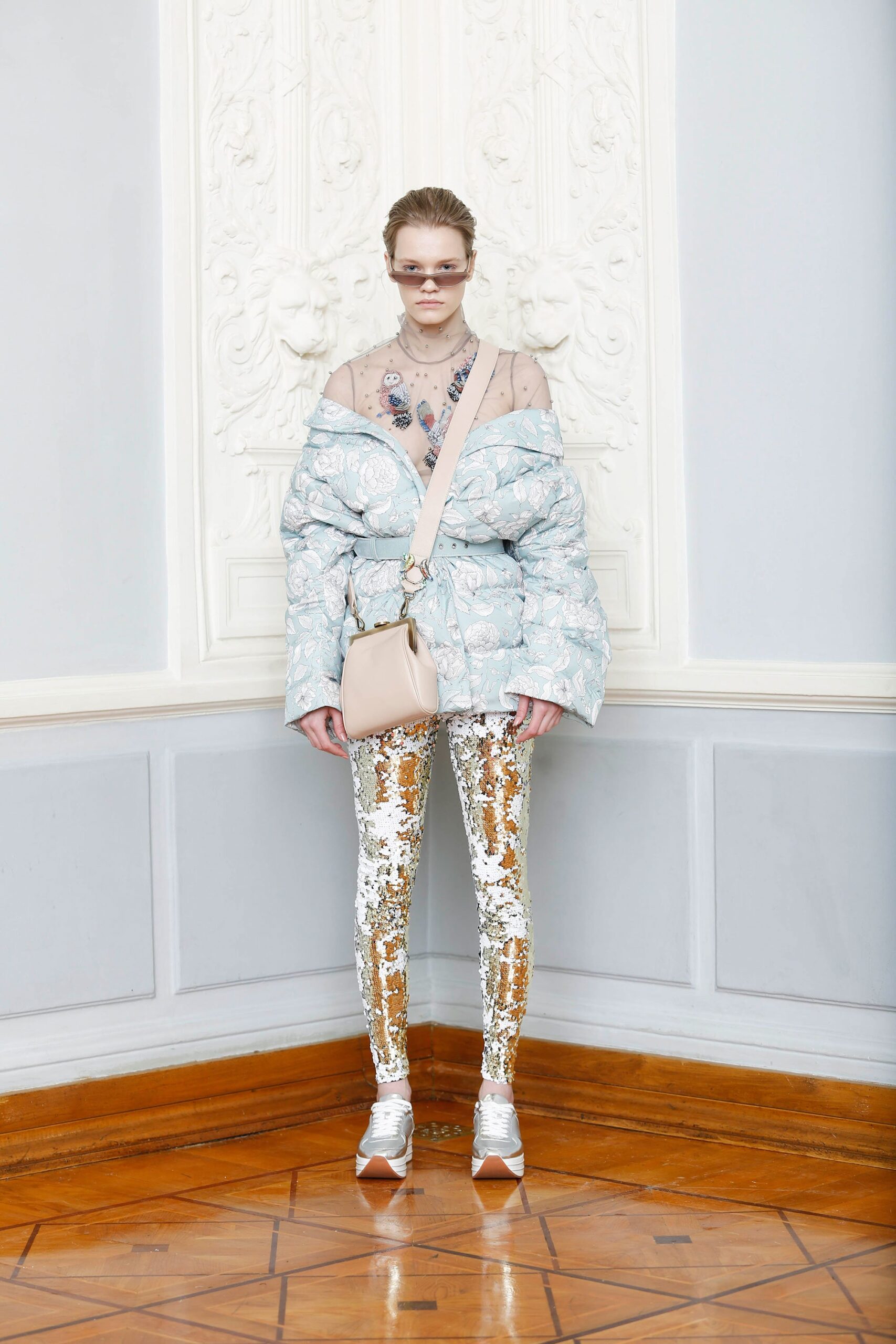 oversized blue quilted jacket with sequin pants