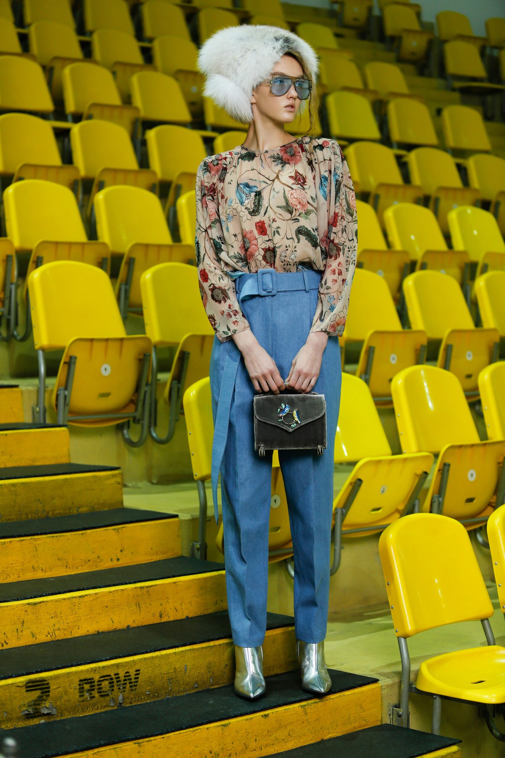 beige silk long-sleeve collared fitted floral blouse
