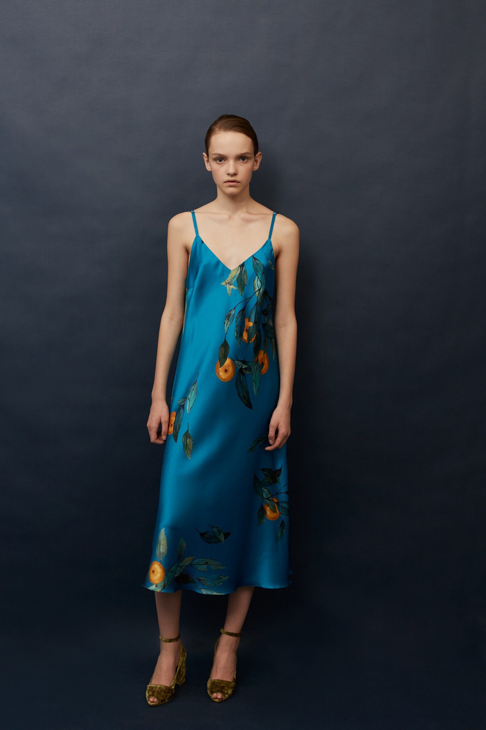 blue silk sleeveless dress