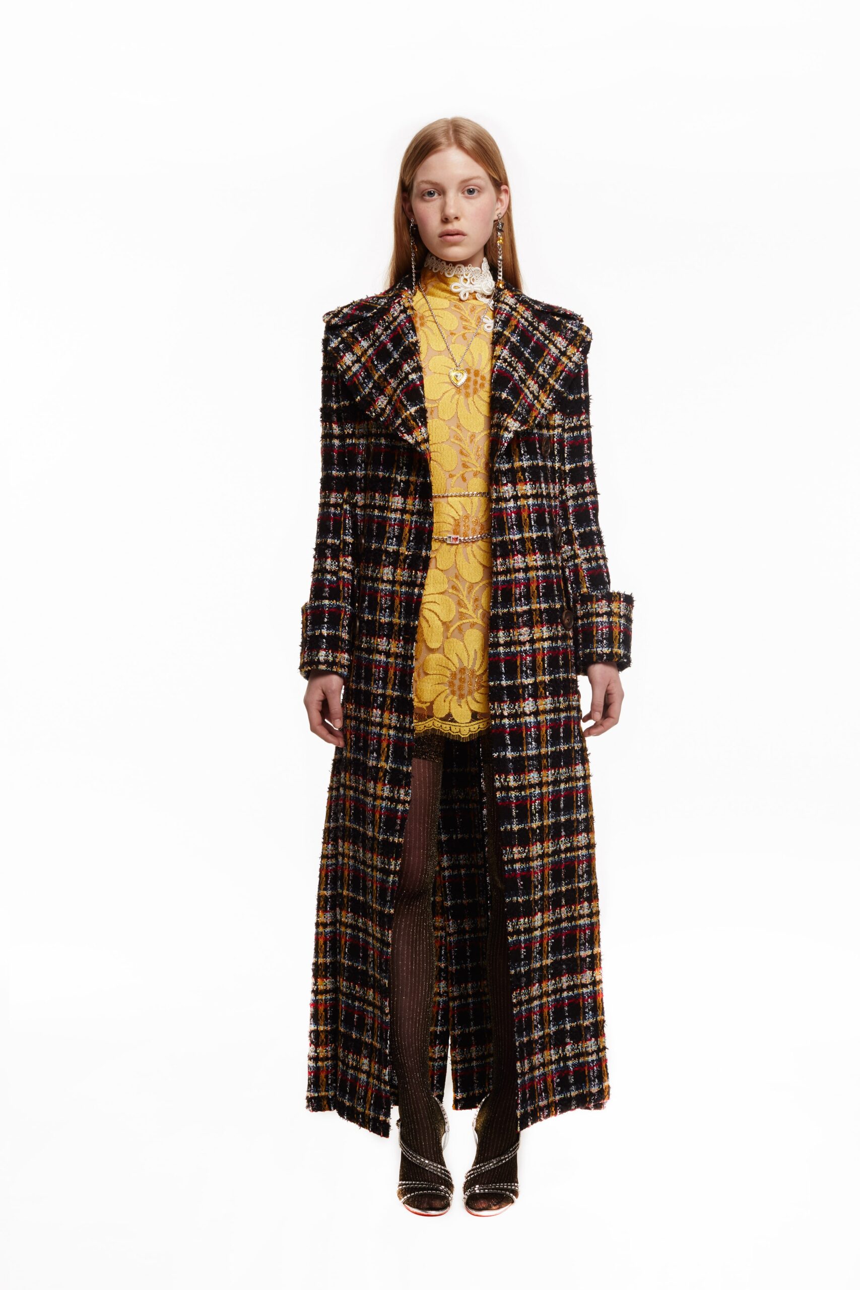 multi-colored tweed coat with yellow dress