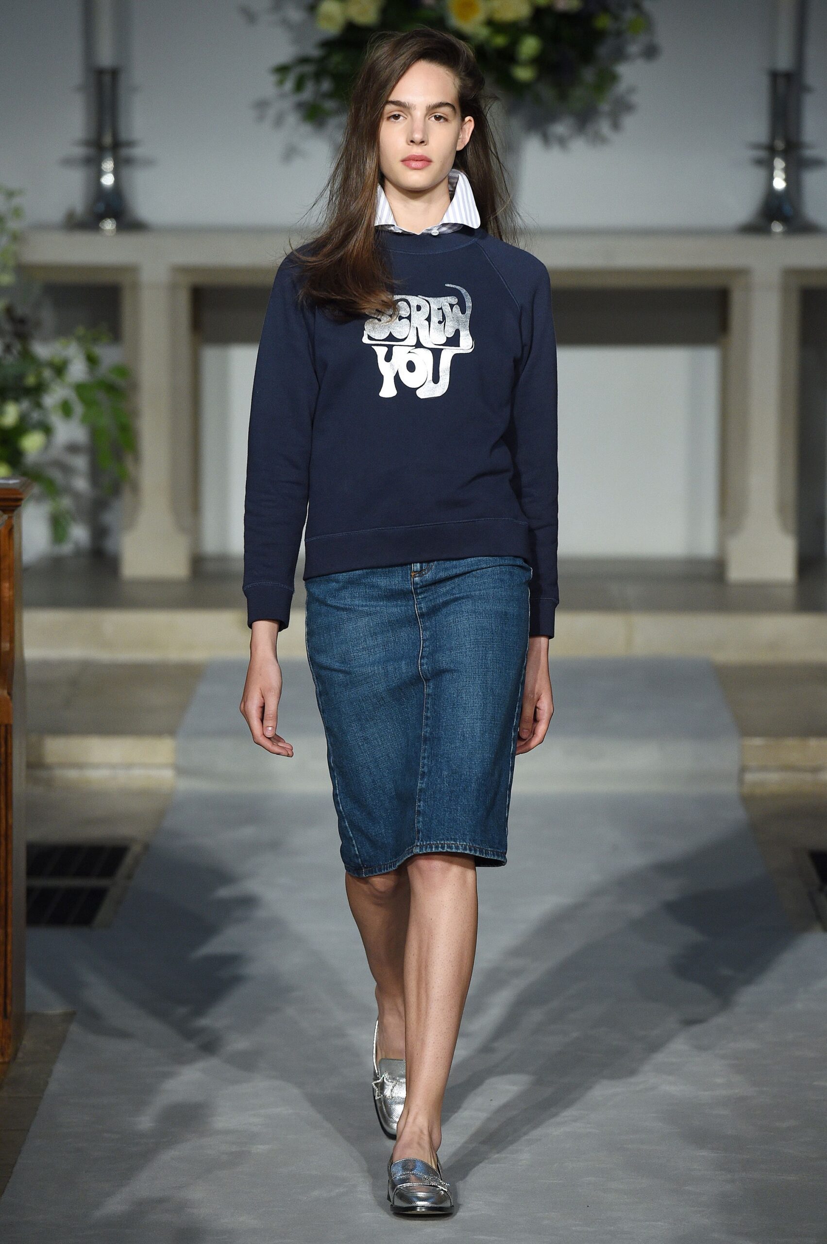 blue fitted sweater and denim skirt