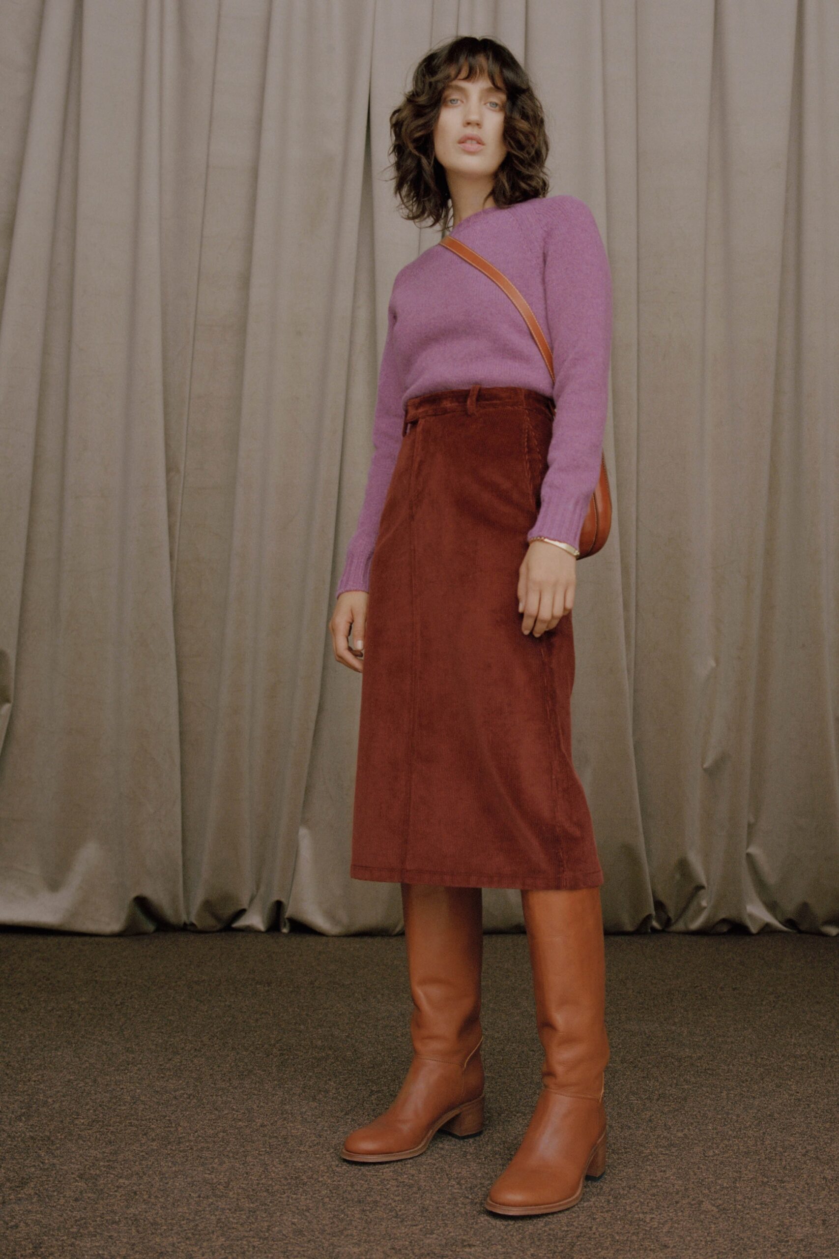 purple wool fitted sweater and brown midi skirt