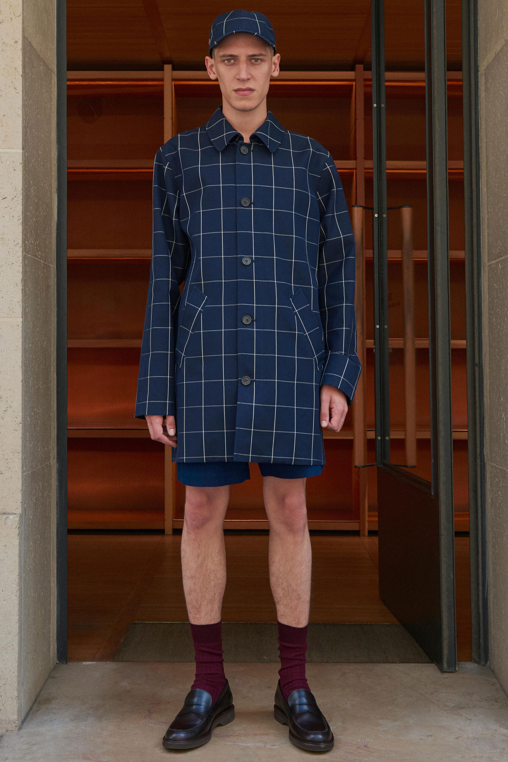 blue checked coat with shorts
