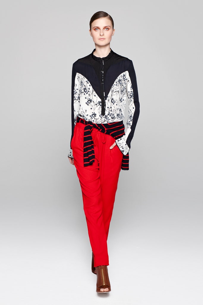 fitted black and white shirt with red pants