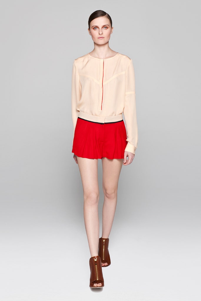 beige silk long-sleeve collared relaxed buttoned blouse