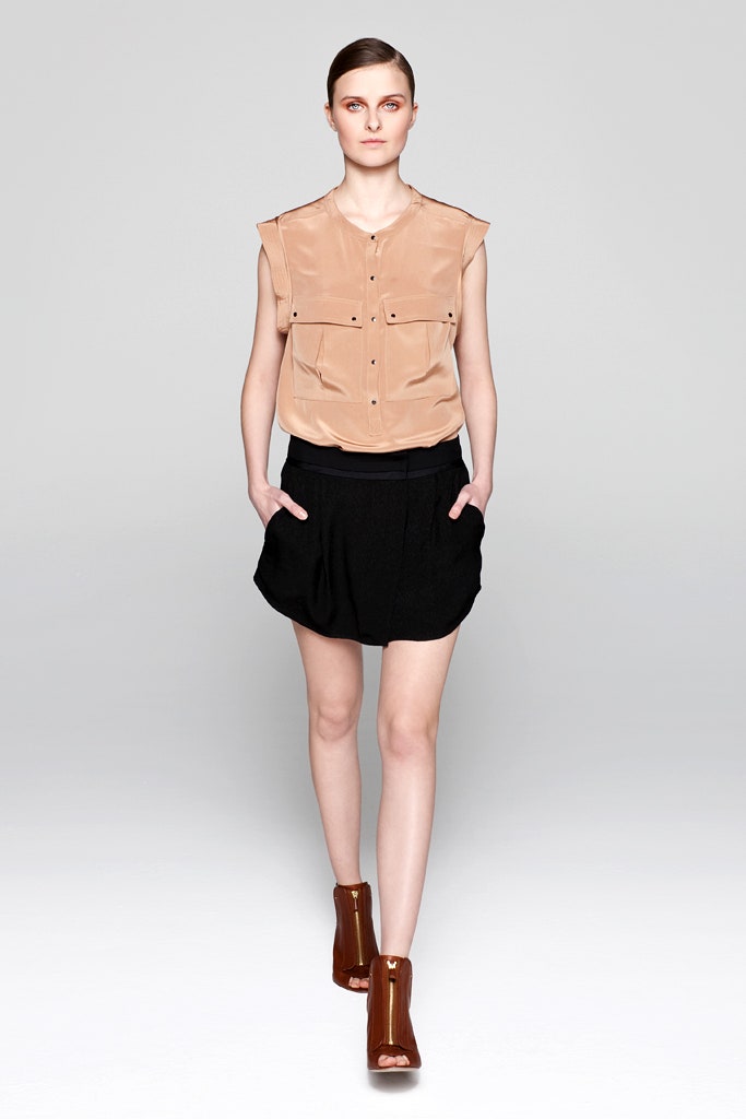 beige silk top with black skirt