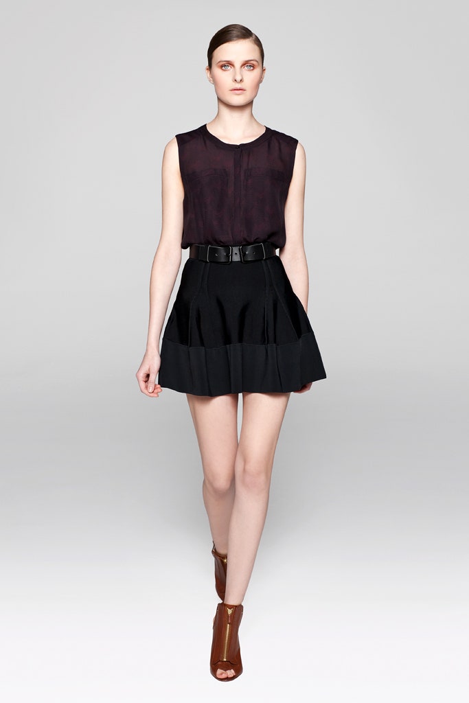 black silk top with pleated skirt