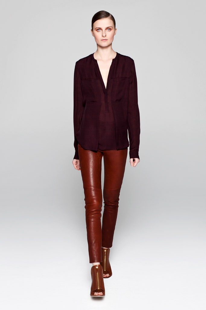 purple silk shirt brown leather pants