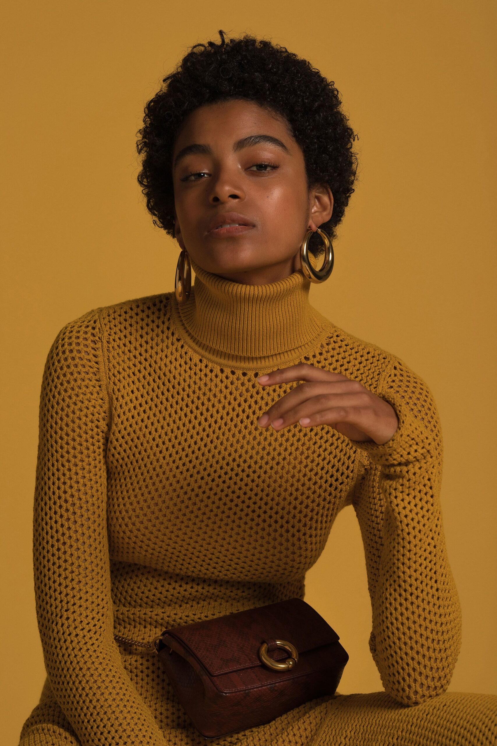 yellow knit long-sleeve turtleneck fitted ribbed midi dress
