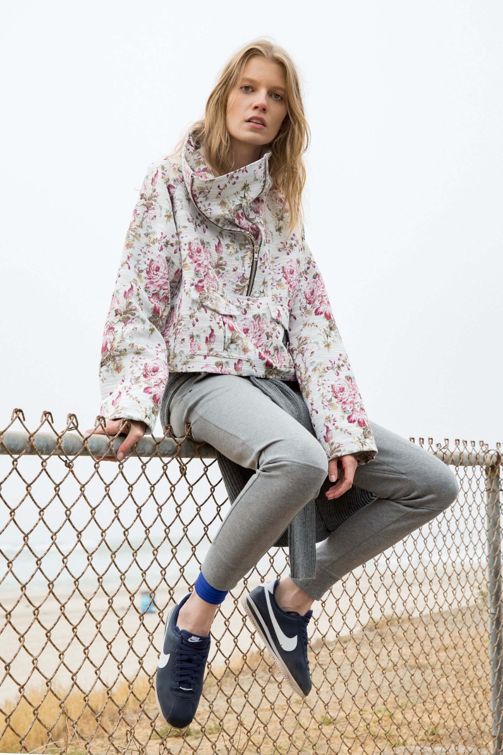 floral jacket with gray pants