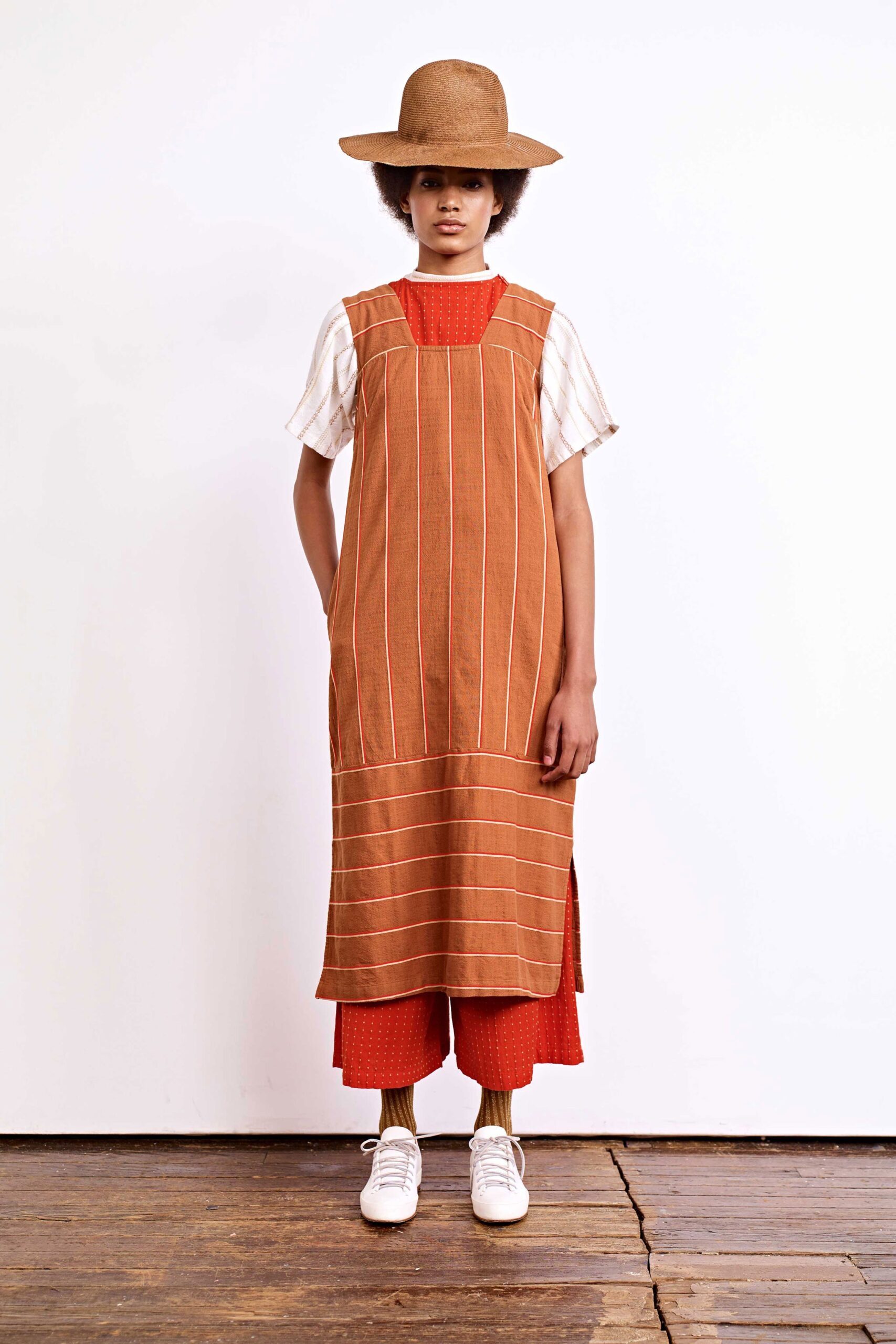 orange striped midi dress with shirt