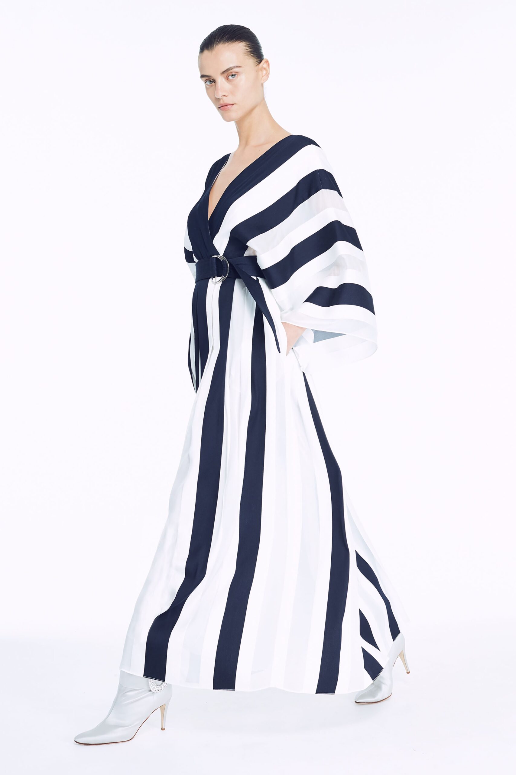 striped blue and white maxi dress