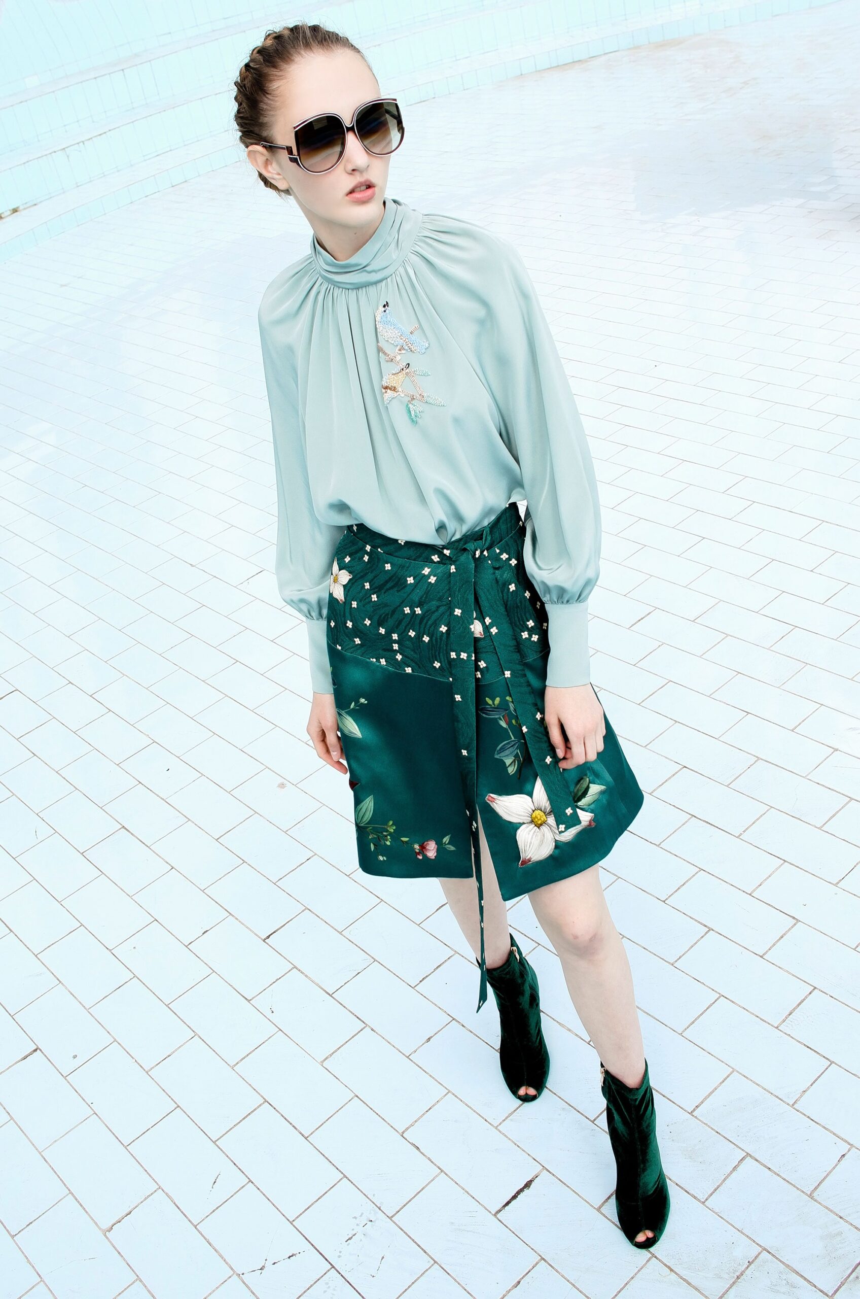 green silk blouse and skirt