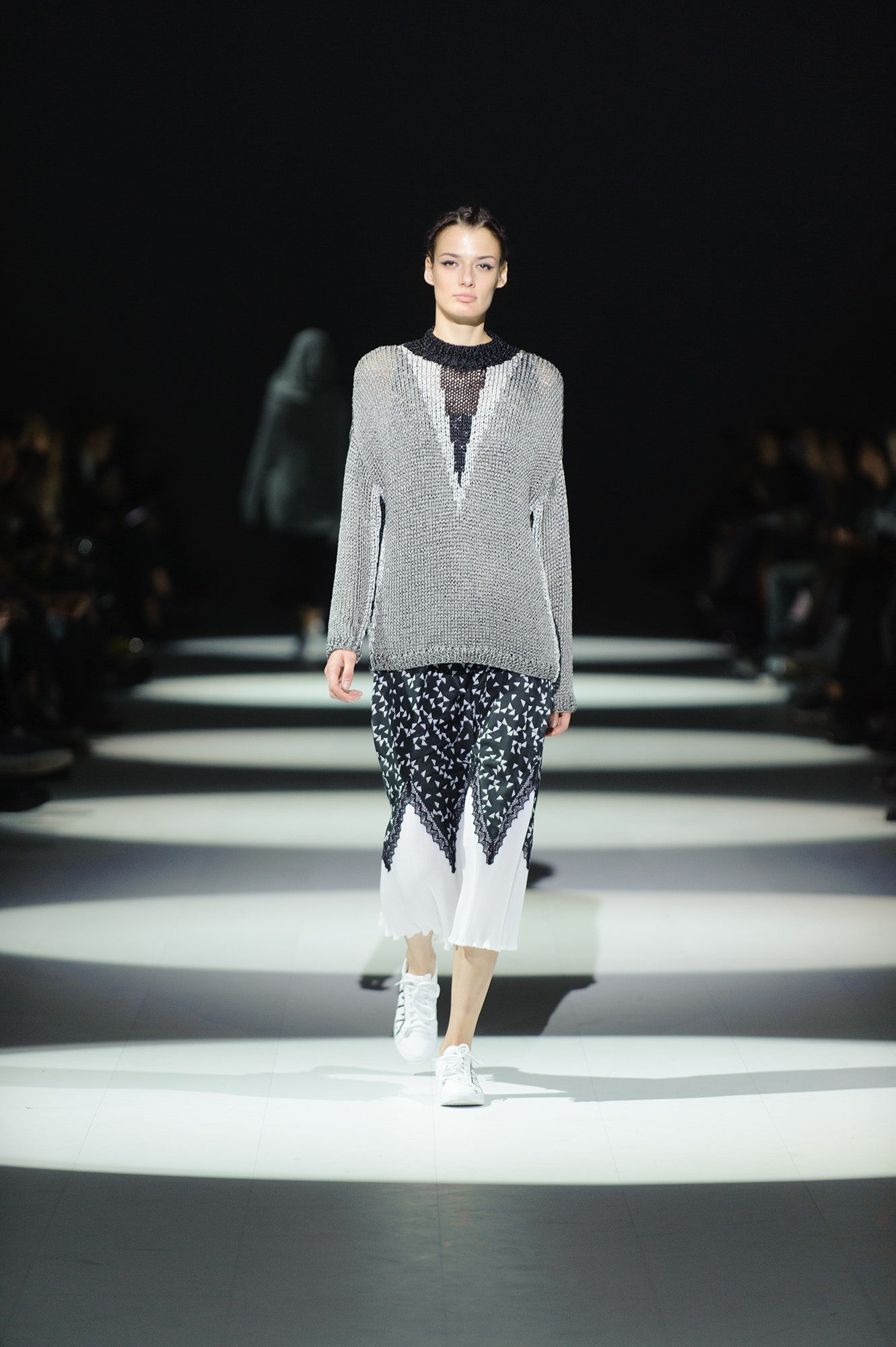 gray knit top with asymmetric skirt