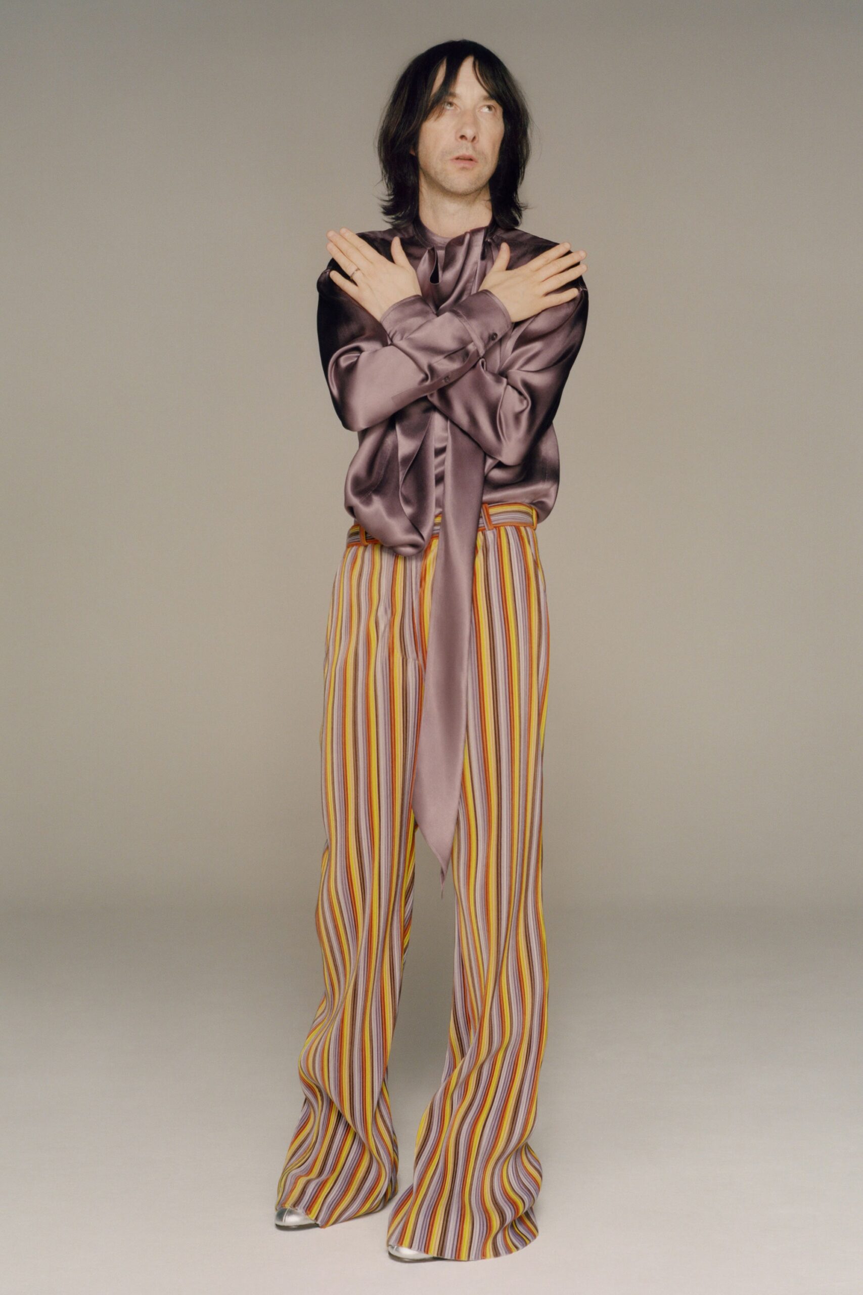 purple silk long-sleeve collared fitted draped shirt