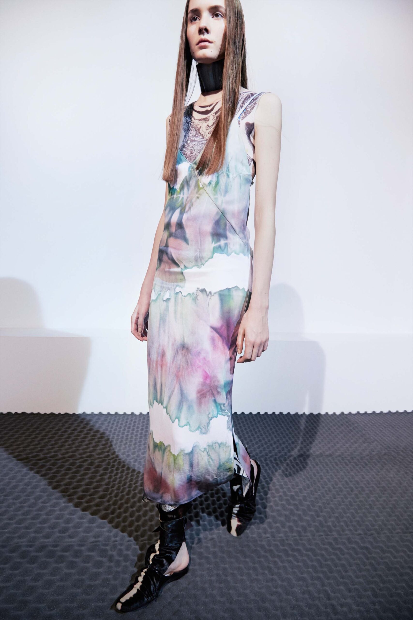 multi silk sleeveless v-neck fitted draped flowing dress