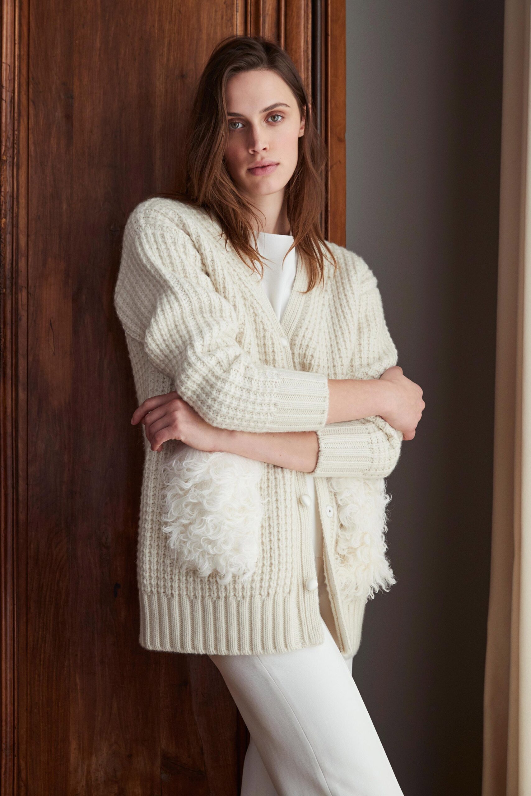 white wool long-sleeve collared relaxed layered cardigan