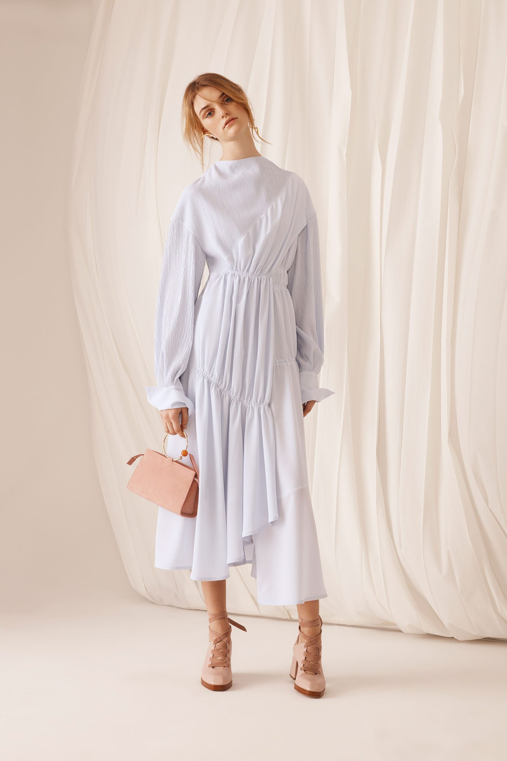 blue cotton long-sleeve high-neck fitted pleated draped dress