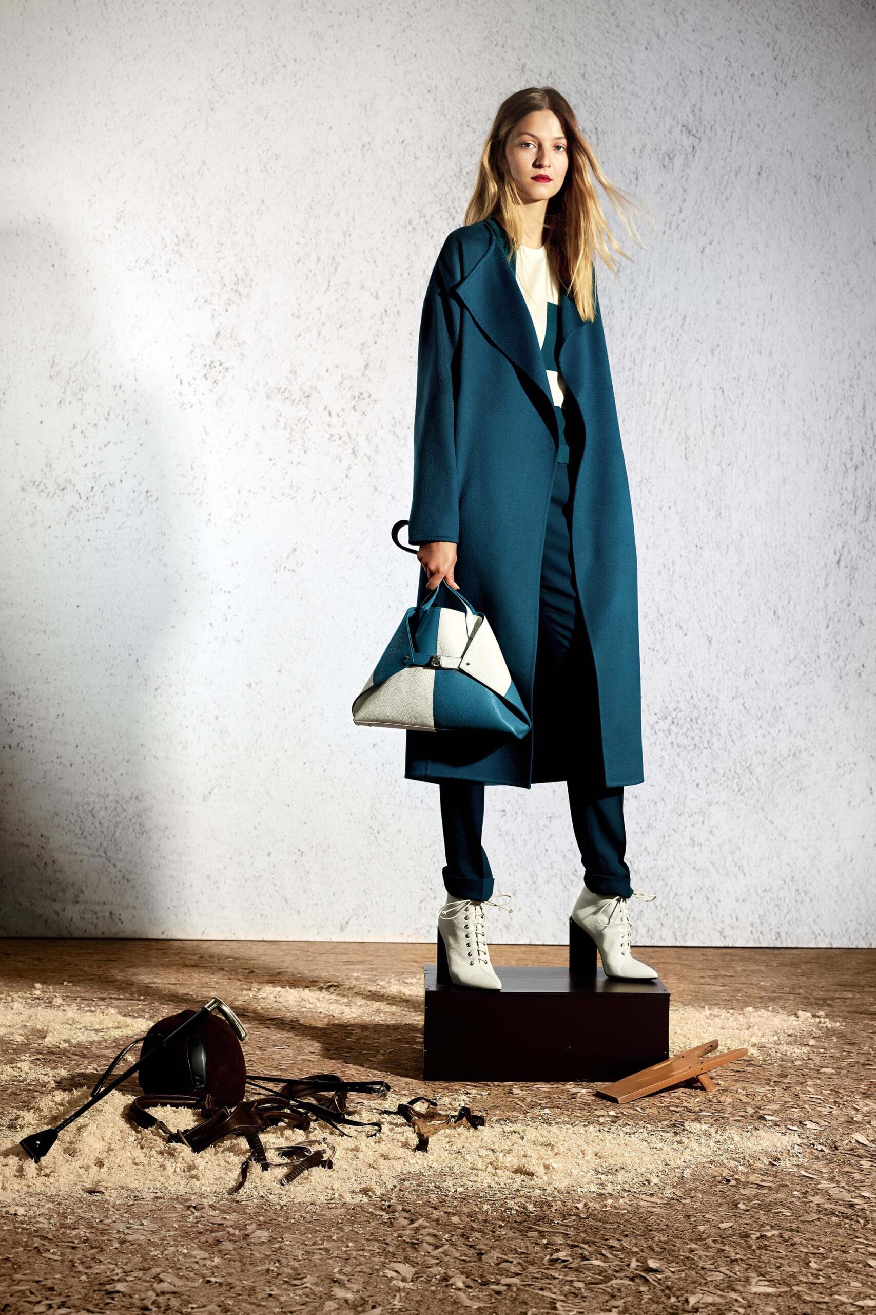 blue oversized coat with white top