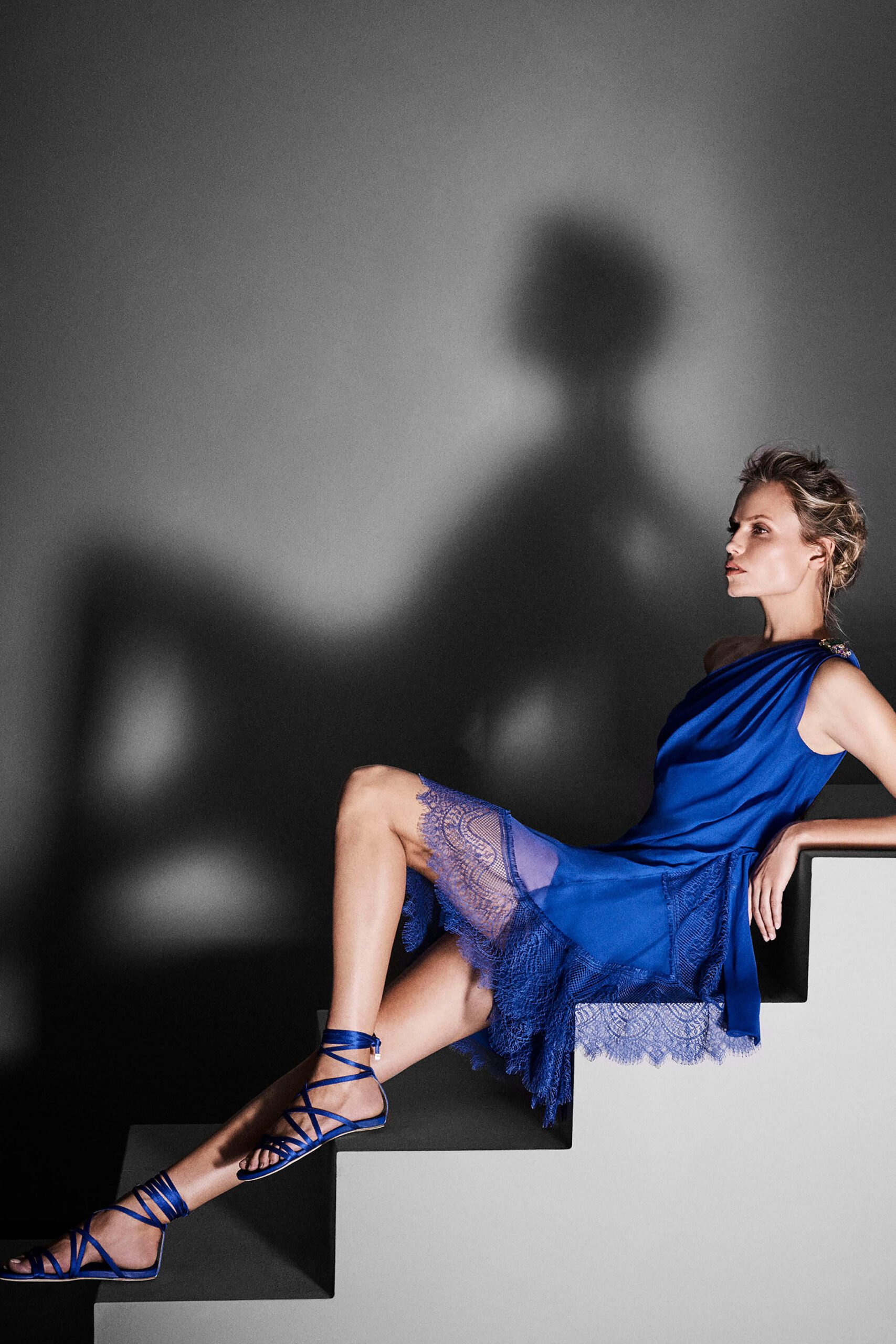 blue silk sleeveless dress