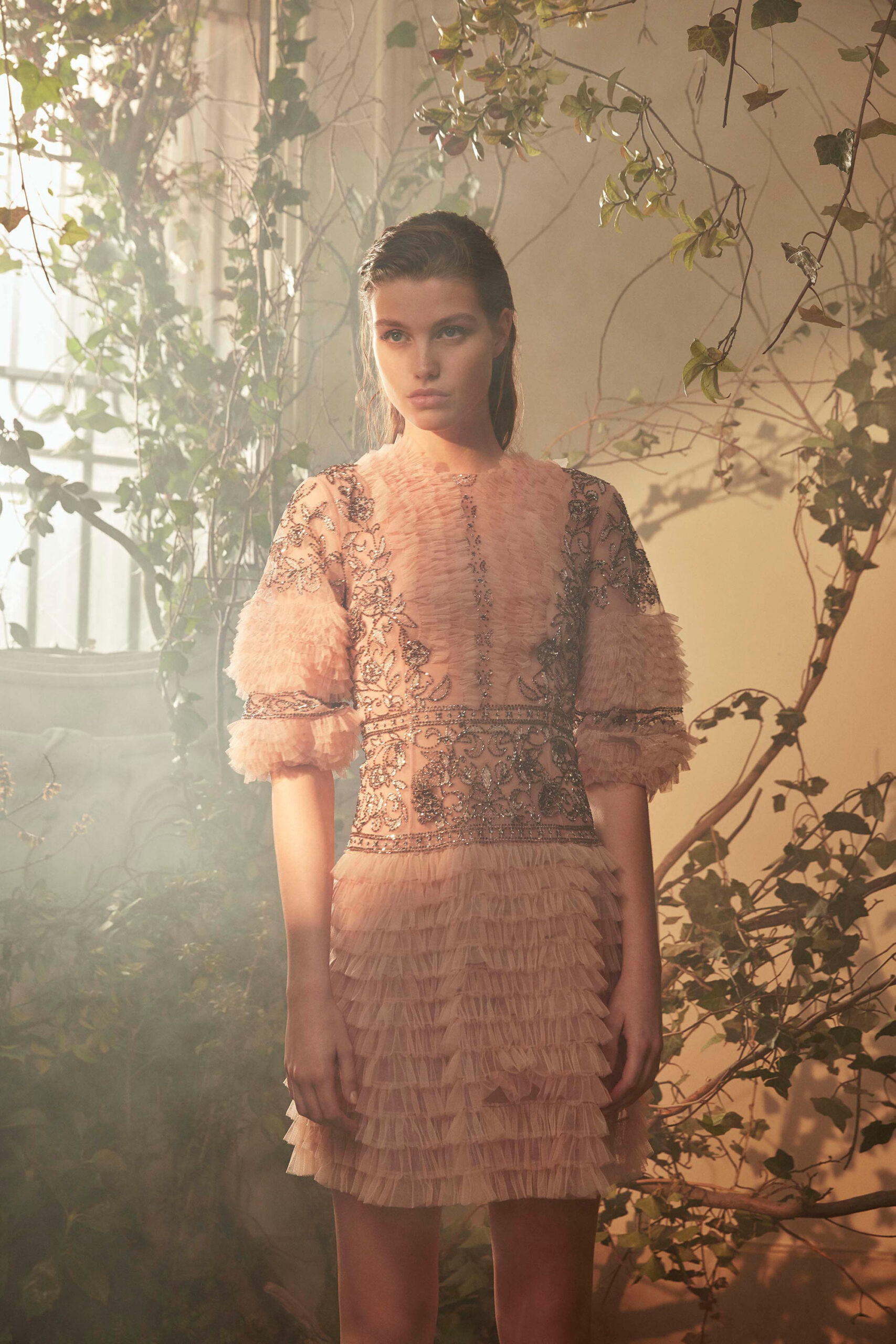 pink pleated embroidered mini dress