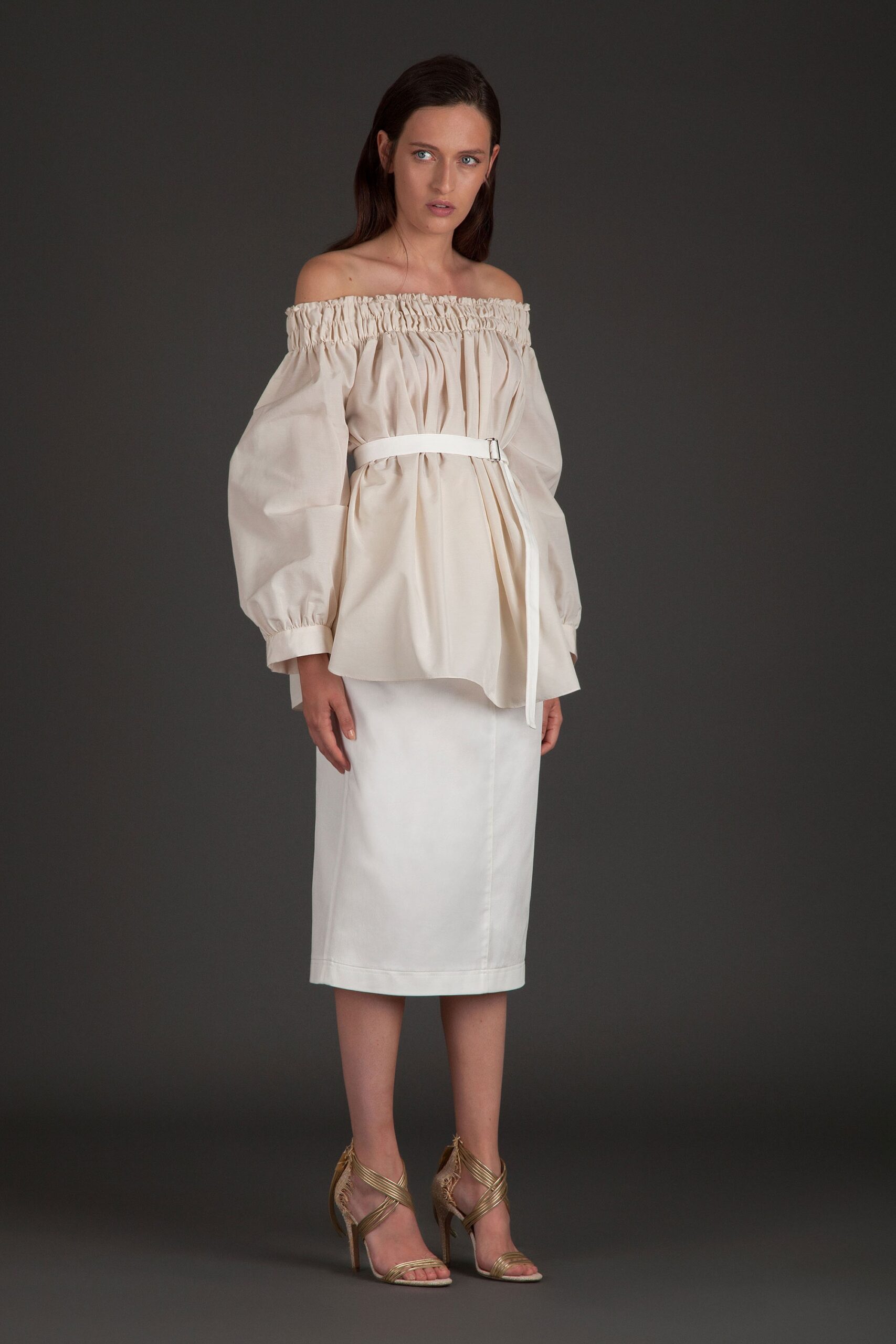 beige off-shoulder top with white pencil skirt