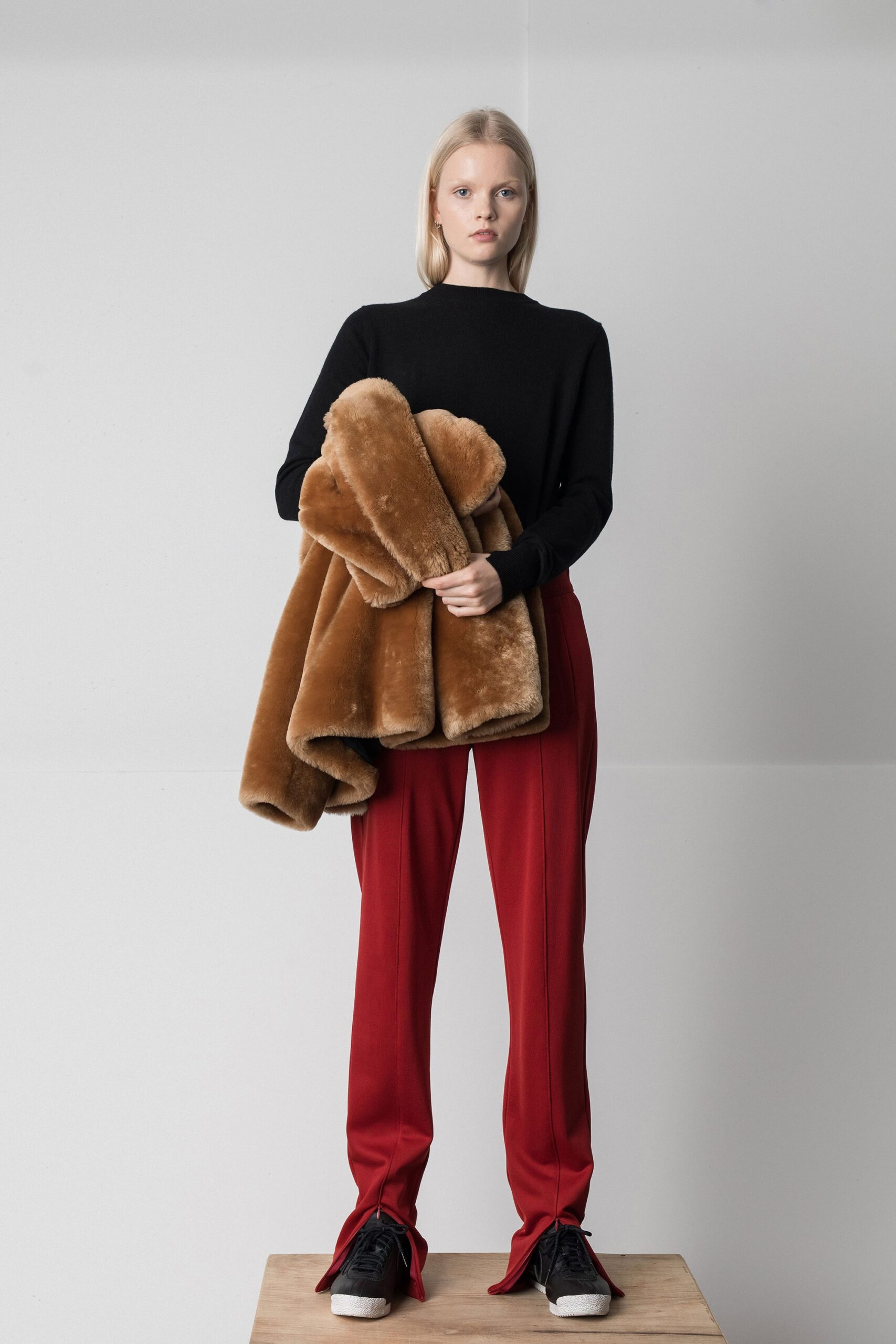 red wool tailored high-waisted straight-leg pants