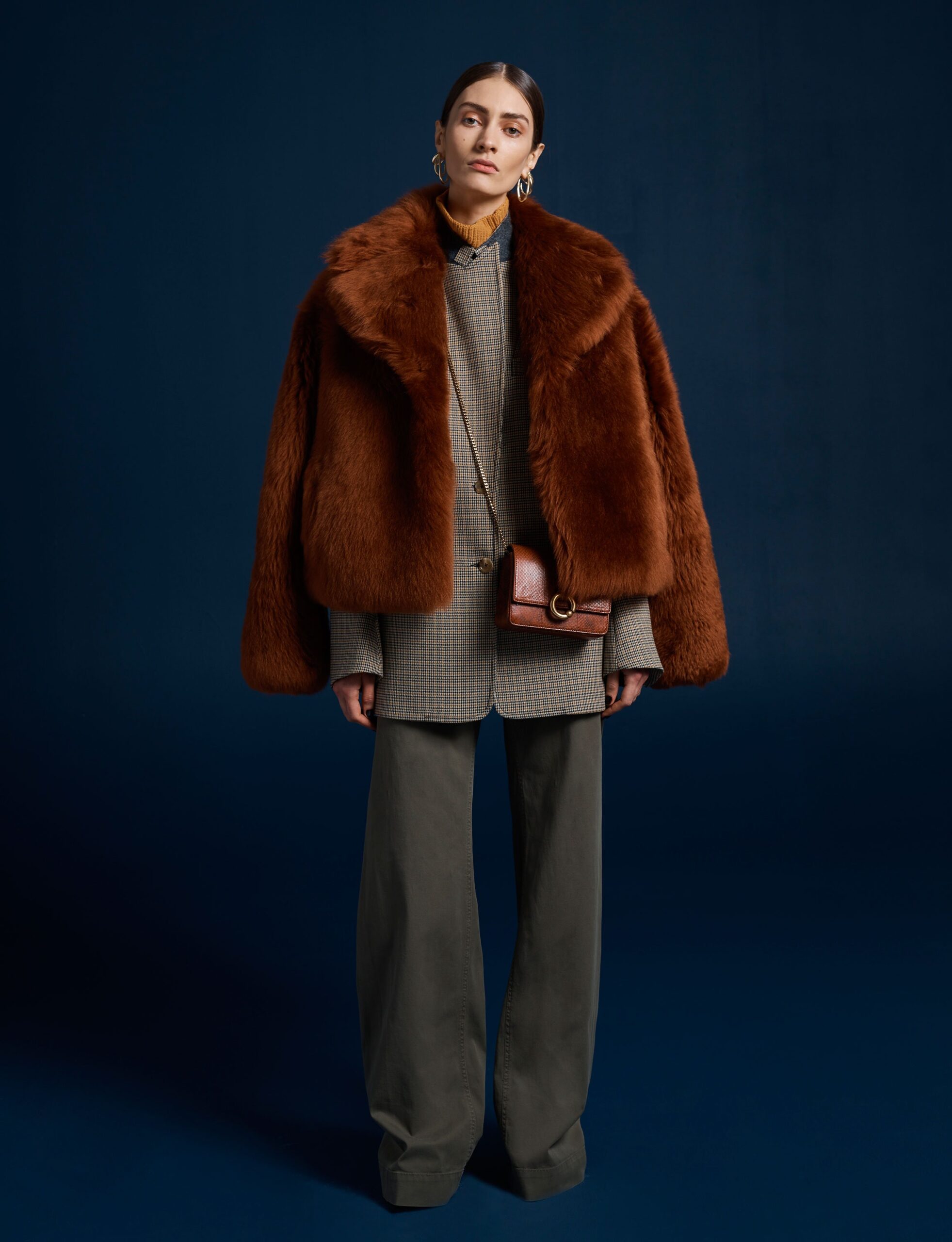 brown fur long-sleeve relaxed layered coat