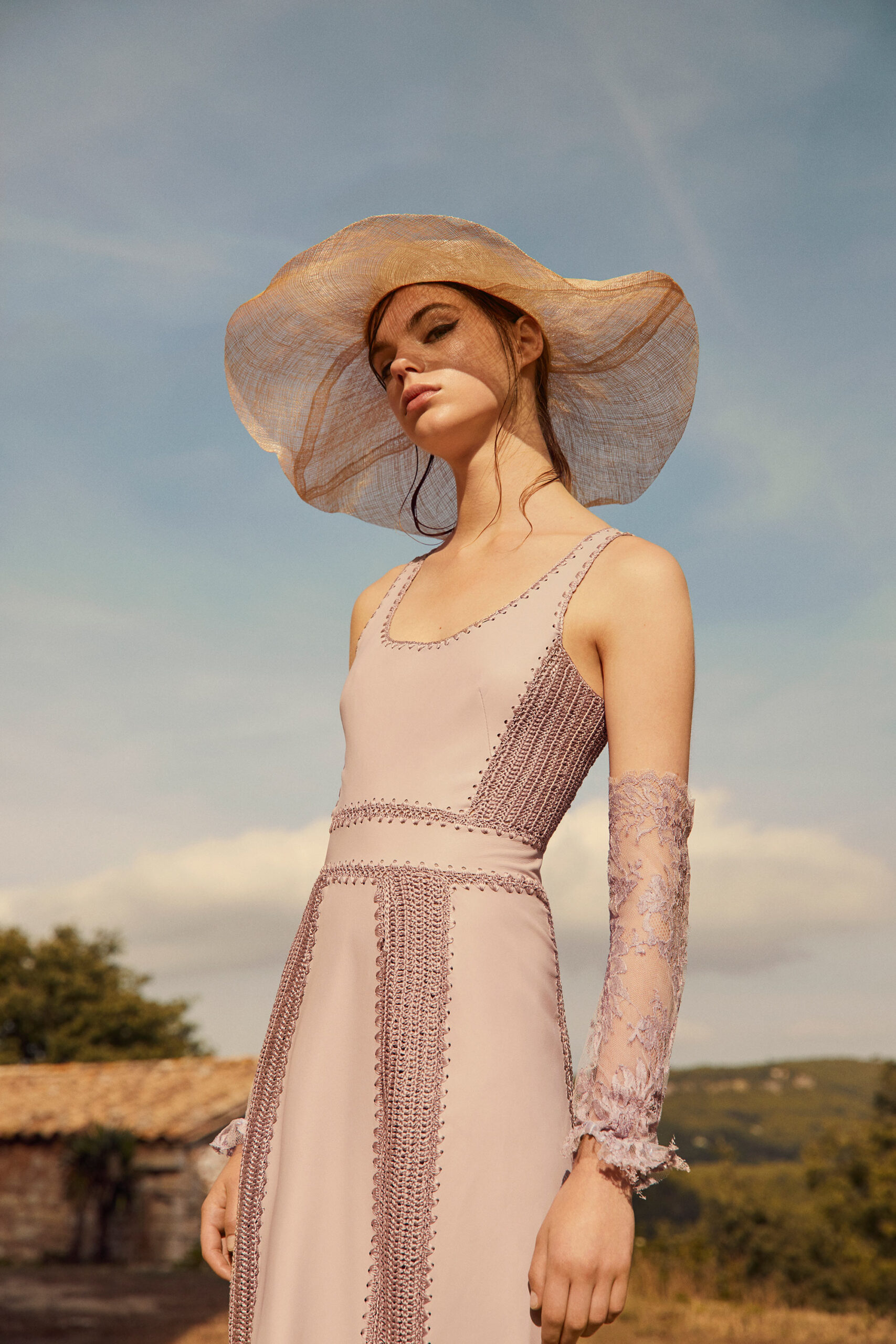 pink silk sleeveless scoop-neck fitted embroidered maxi dress