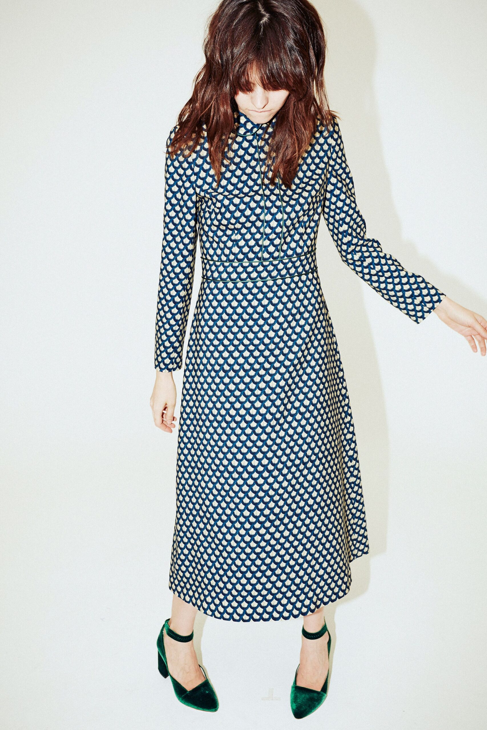 blue and white printed midi dress